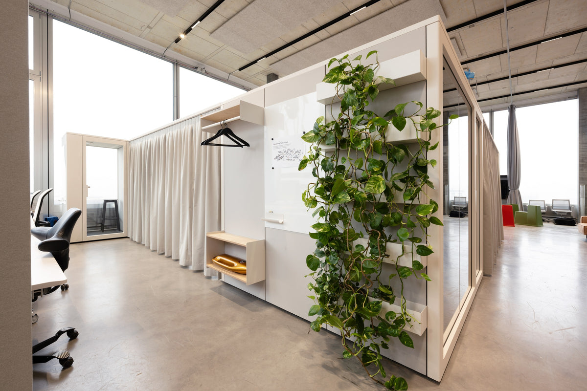 Talky mit begrünter Aussenwand und Garderobe in einer offenen Bürolandschaft