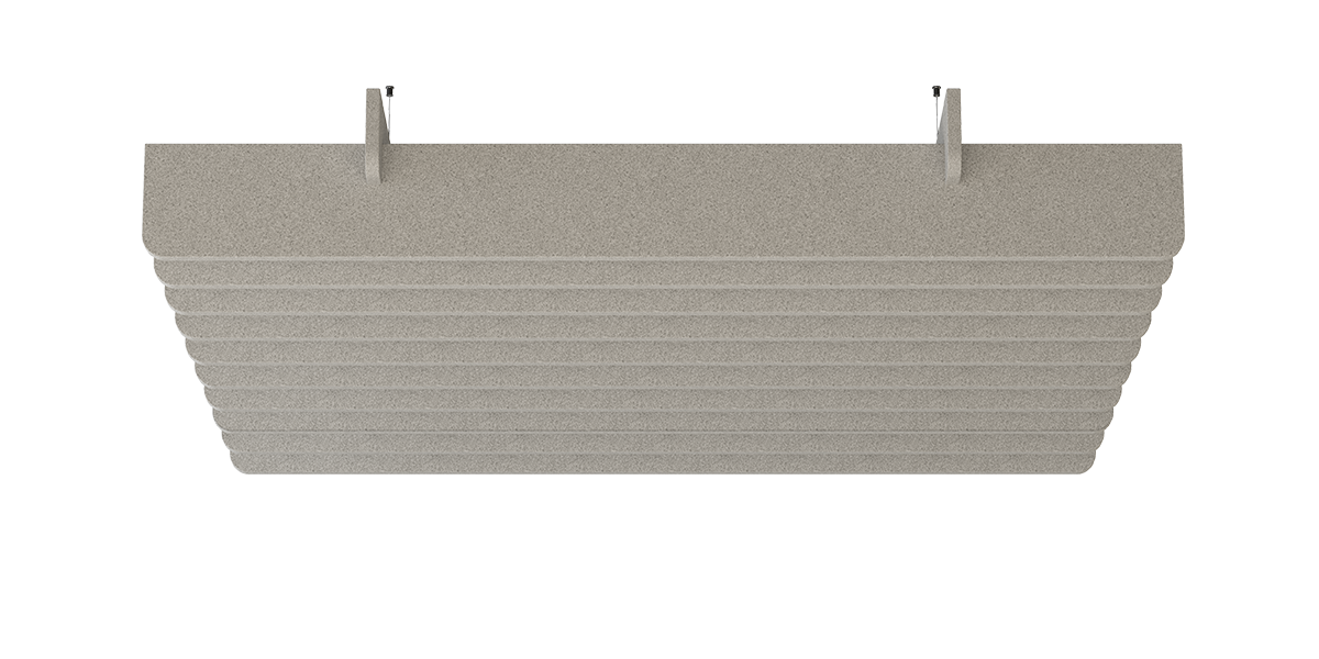 Deckenbaffel Sraight Modular – Deckenbaffel – Akustikpaneel in Grau mit geriffelter Oberfläche und Aufhängung, ideal für Büroumgebungen zur Schallabsorption.