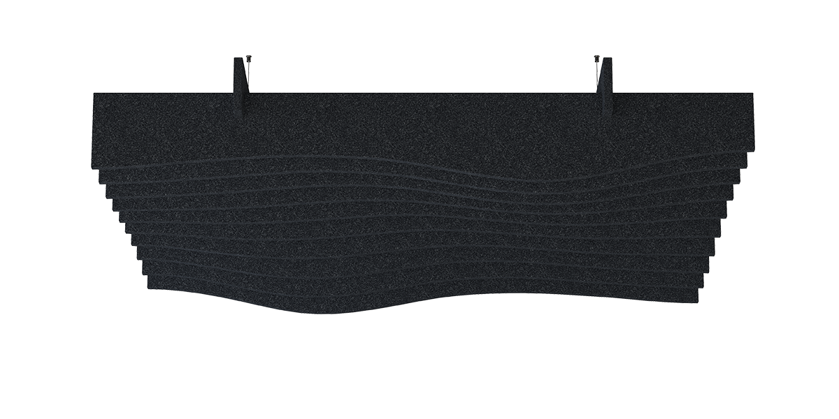 Deckenbaffel Wave Modular – Deckenbaffel – Schallabsorber in schichtweiser Wellenform, schwarz, für die Wandmontage geeignet.
