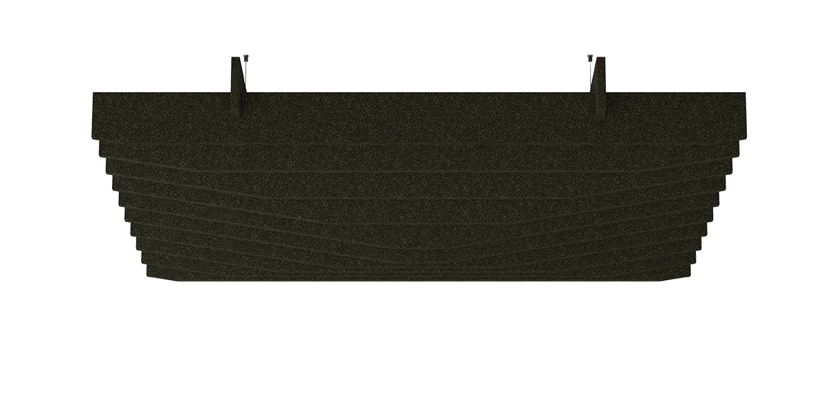 Deckenbaffel Peak Modular – Deckenbaffel – Dunkelgrünes Akustikpaneel mit gestreifter Oberfläche und Aufhängungen für die Wandmontage.