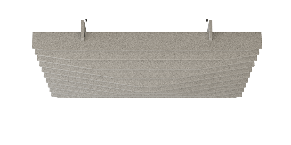 Deckenbaffel Peak Modular – Deckenbaffel – Hängende Akustikplatte in Grau mit sanften Wellenmustern, zur Schalldämpfung im Bürobereich.