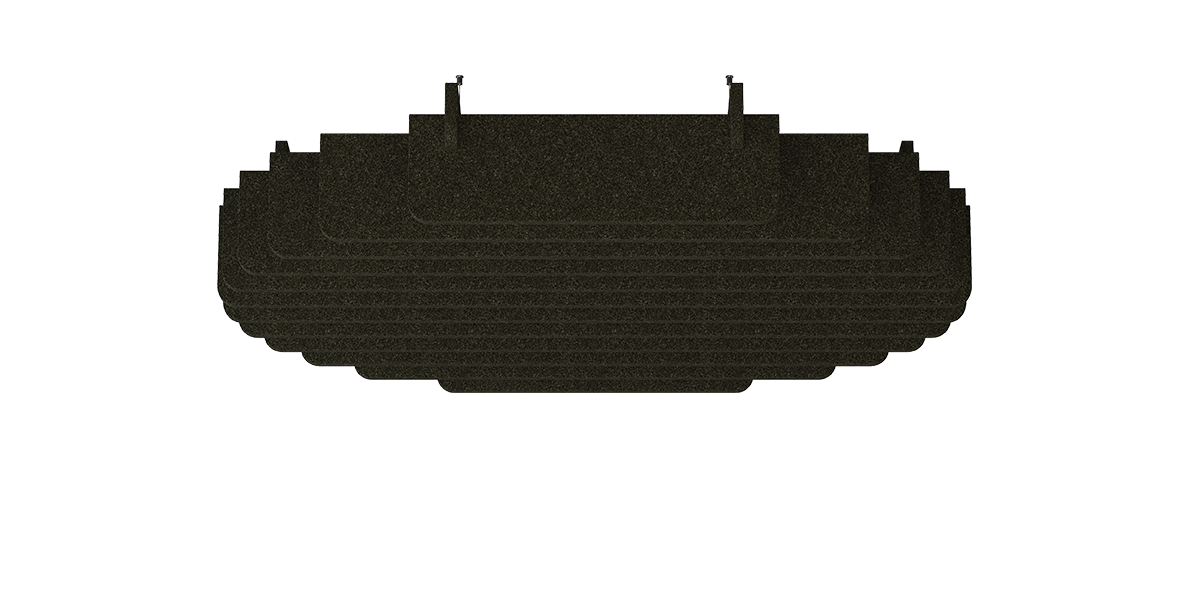 Deckenbaffel Nebula Modular – Deckenbaffel – Dunkelgrünes Akustikelement in abgerundeter Form mit mehreren Latten zur Schallabsorption.