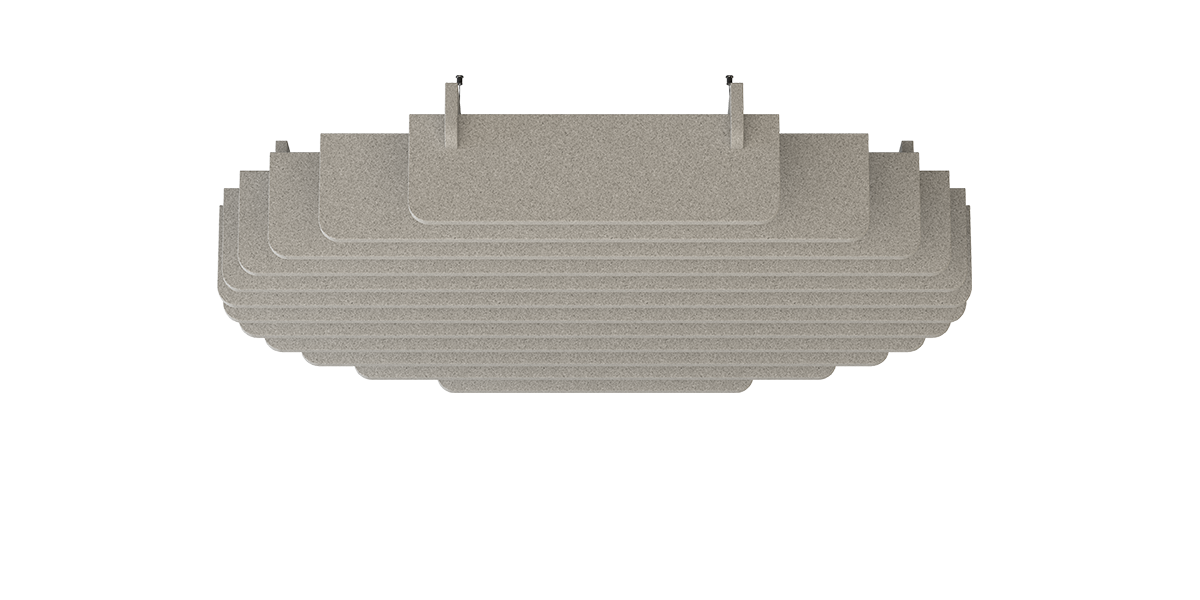 Deckenbaffel Nebula Modular – Deckenbaffel – Hängelampe in grauer Farbgebung mit geschichteten, abgerundeten Platten und Befestigungselementen.