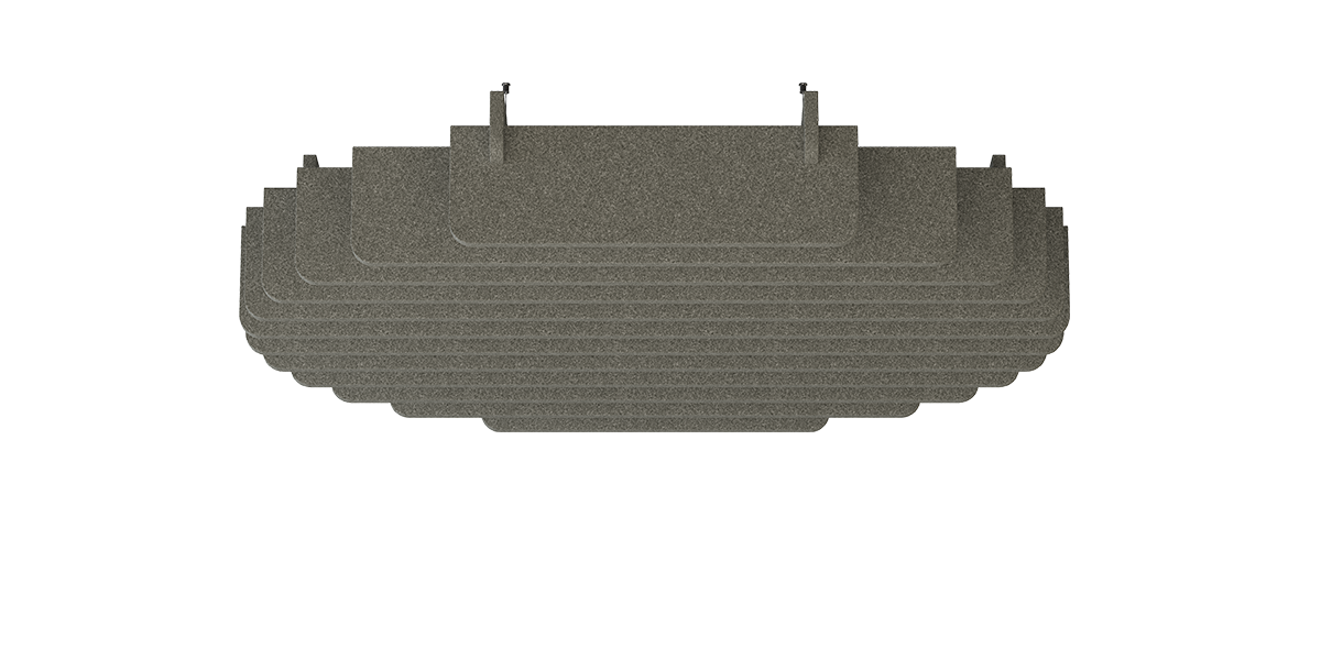 Deckenbaffel Nebula Modular – Deckenbaffel – Graue Akustikpaneele in schichtartiger Anordnung, geeignet für Wand- oder Deckenmontage zur Schalldämmung.