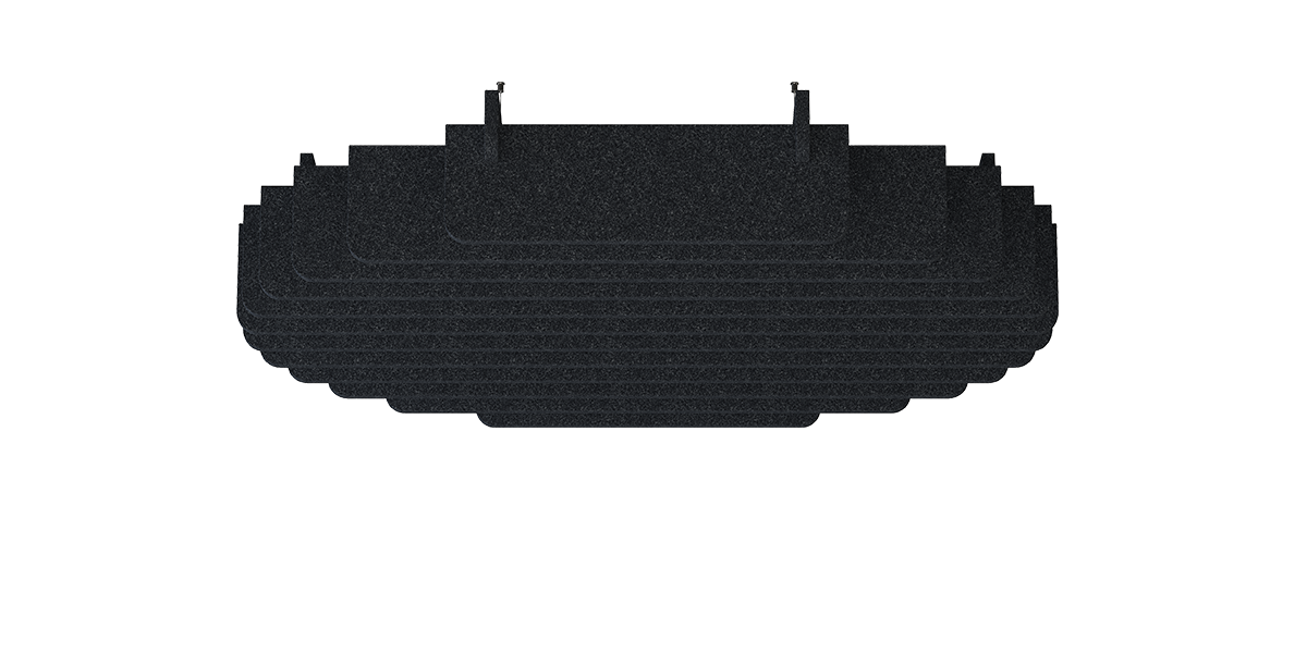 Deckenbaffel Nebula Modular – Deckenbaffel – Schwarze Filzmatte mit mehreren geschnittenen Lagen, strukturiert und für Büroanwendungen geeignet.