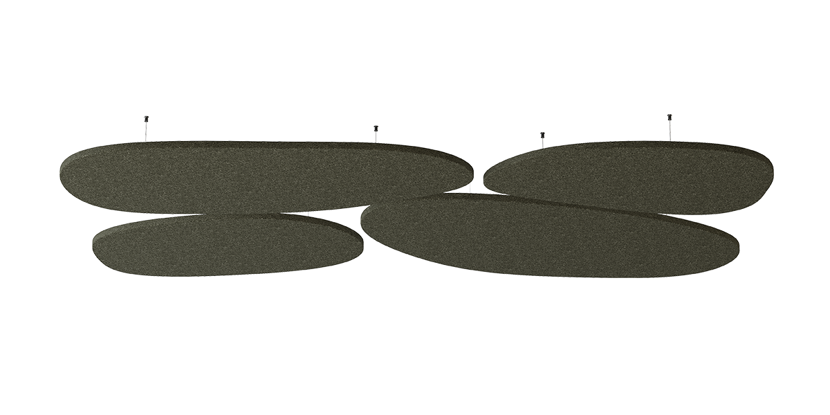 Deckenpanel Stone – Deckenabsorber – Modulares, ovale Akustikpaneele in dunkler Farbe, angeordnet in einer organischen Form für Büroumgebungen.