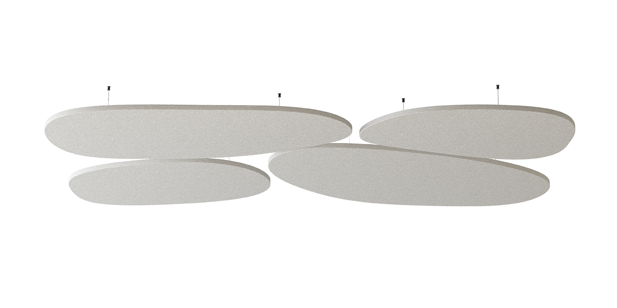 Deckenpanel Stone – Deckenabsorber – Hängendes Akustikpaneel in ovaler Form, hellgraue Oberfläche, mehrere Elemente angeordnet.