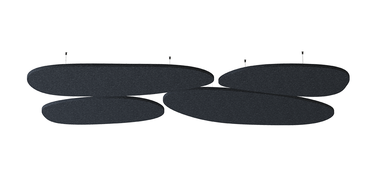 Deckenpanel Stone – Deckenabsorber – Schwarze akustische Wandpaneele in organischen, ovalen Formen für Büros.