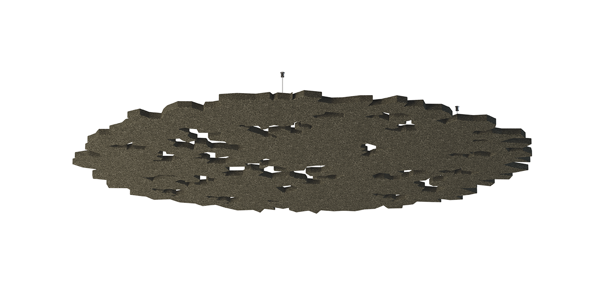 Deckenpanel Forest – Deckenabsorber – Akustikdecke in unregelmäßiger Form, dunkelgrau mit strukturiertem Design, montiert an einer Decke.