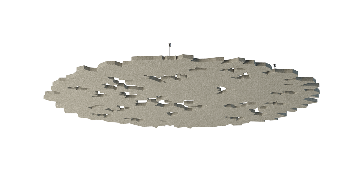 Deckenpanel Forest – Deckenabsorber – Pendelleuchte in organischer Form, grau mit unregelmäßigen Ausschnitten, als Deckenmontage konzipiert.