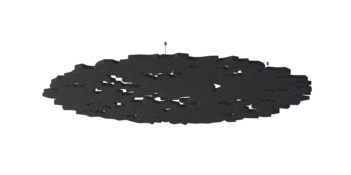 Deckenpanel Forest – Deckenabsorber – Schallabsorber in dunkler Farbe, ovale Form mit unregelmäßigen Ausschnitten, zur Deckenmontage geeignet.