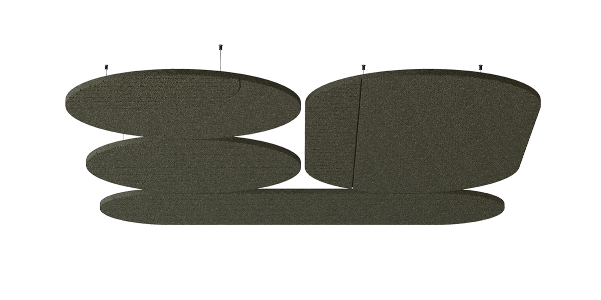 Deckenpanel Vela – Deckenabsorber – Anpassbarer, schwebender Akustikpaneel in ovaler Form in dunkler Farbe, geeignet für Deckenmontage.