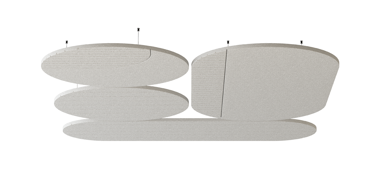 Deckenpanel Vela – Deckenabsorber – Hängende Akustikpaneele in ovaler Form, grau, angeordnet in verschiedenen Höhen.