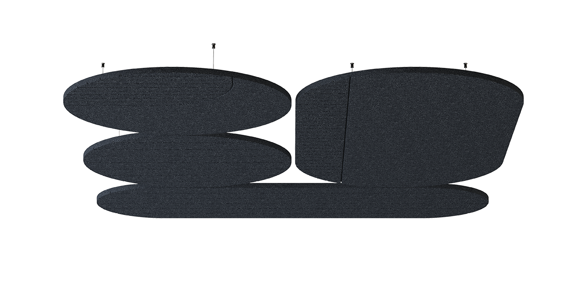 Deckenpanel Vela – Deckenabsorber – Akustikdecke in dunkler Farbe mit ovalen Formen, schwebend montiert, sorgt für Schallabsorption im Raum.