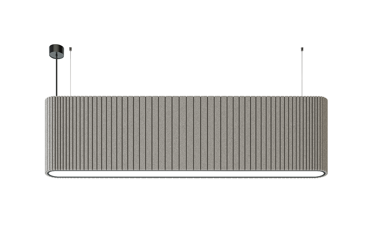 Akustische Pendelleuchte Densa – Akustische Beleuchtung – Deckenleuchte mit grauem Lampenschirm und gefaltetem Design, LED-Beleuchtung am unteren Rand.