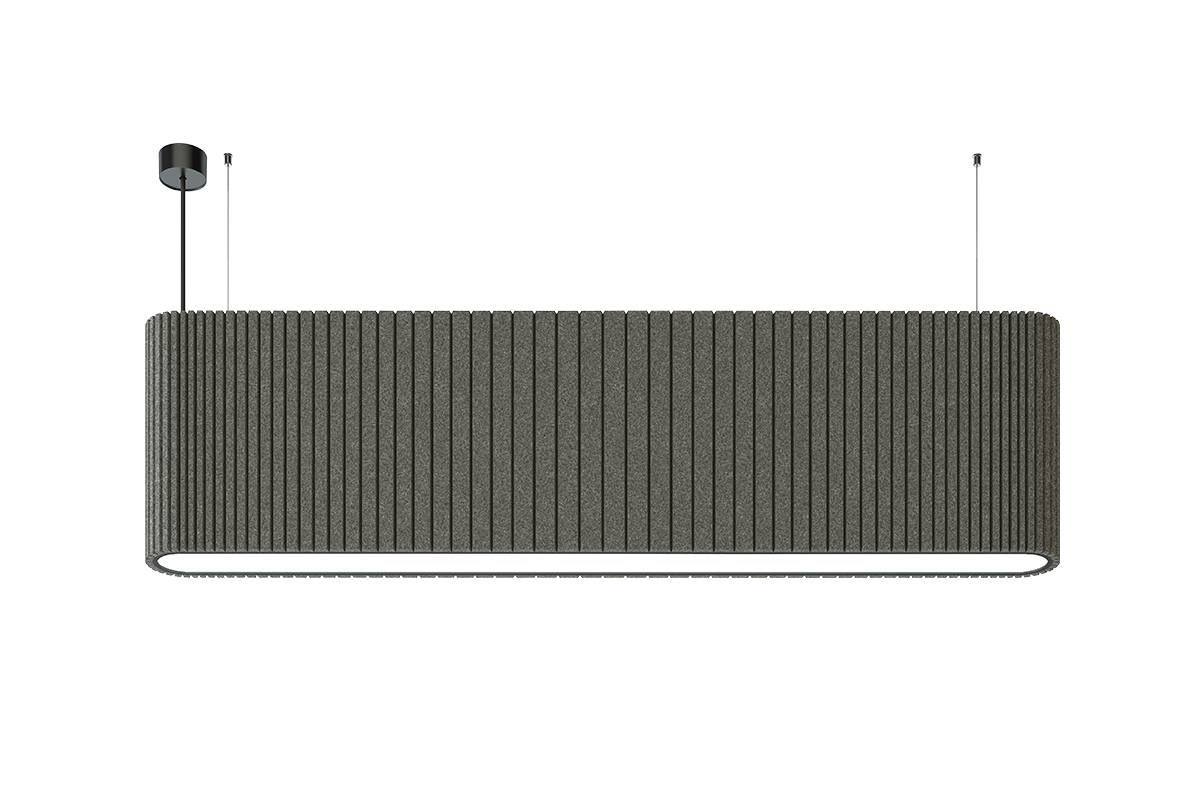 Akustische Pendelleuchte Densa – Akustische Beleuchtung – Moderne Deckenleuchte in dunkler Farbe mit horizontalen Rillen und einer diffusen Lichtquelle an der Unterseite.