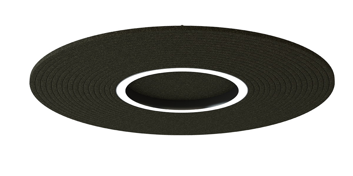 Akustische Beleuchtung Orbis – Akustische Beleuchtung – Runde schwarze Akustikdecke mit einem weißen inneren Ring, für eine schallabsorbierende Raumgestaltung.