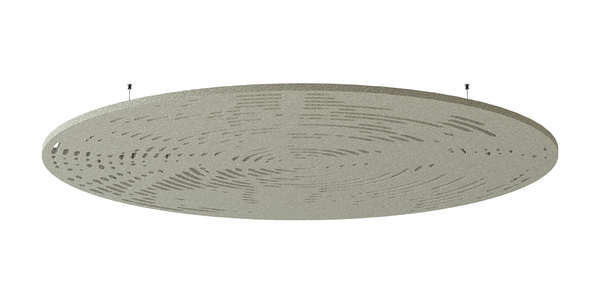 Deckenpanel Jungle – Deckenabsorber – Runde, gefräste Akustikdecke in grauer Farbe, abgehängt mit Deckenmontage.