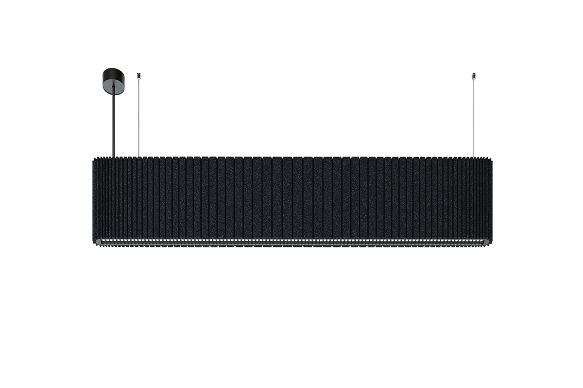 Akustische Pendelleuchte Sensa – Akustische Beleuchtung – Schwarze Pendelleuchte mit gerilltem Design, Deckenmontage und gleichmäßiger Lichtverteilung.