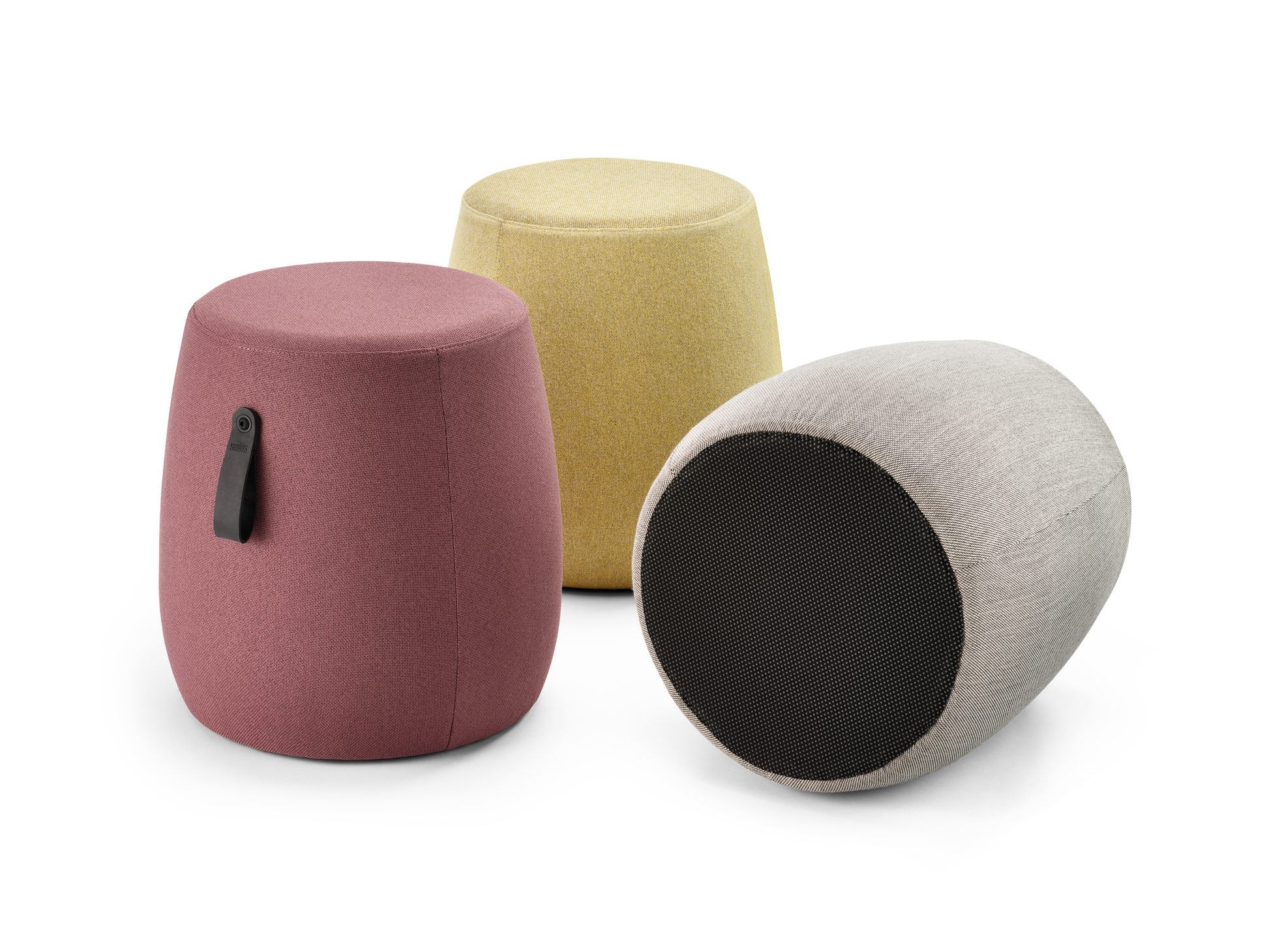 se:dot – Pouf – Drei stilvolle Sitzhocker in verschiedenen Farben: rosa, gelb und grau, mit textilüberzogenem Bezug und runder Form.