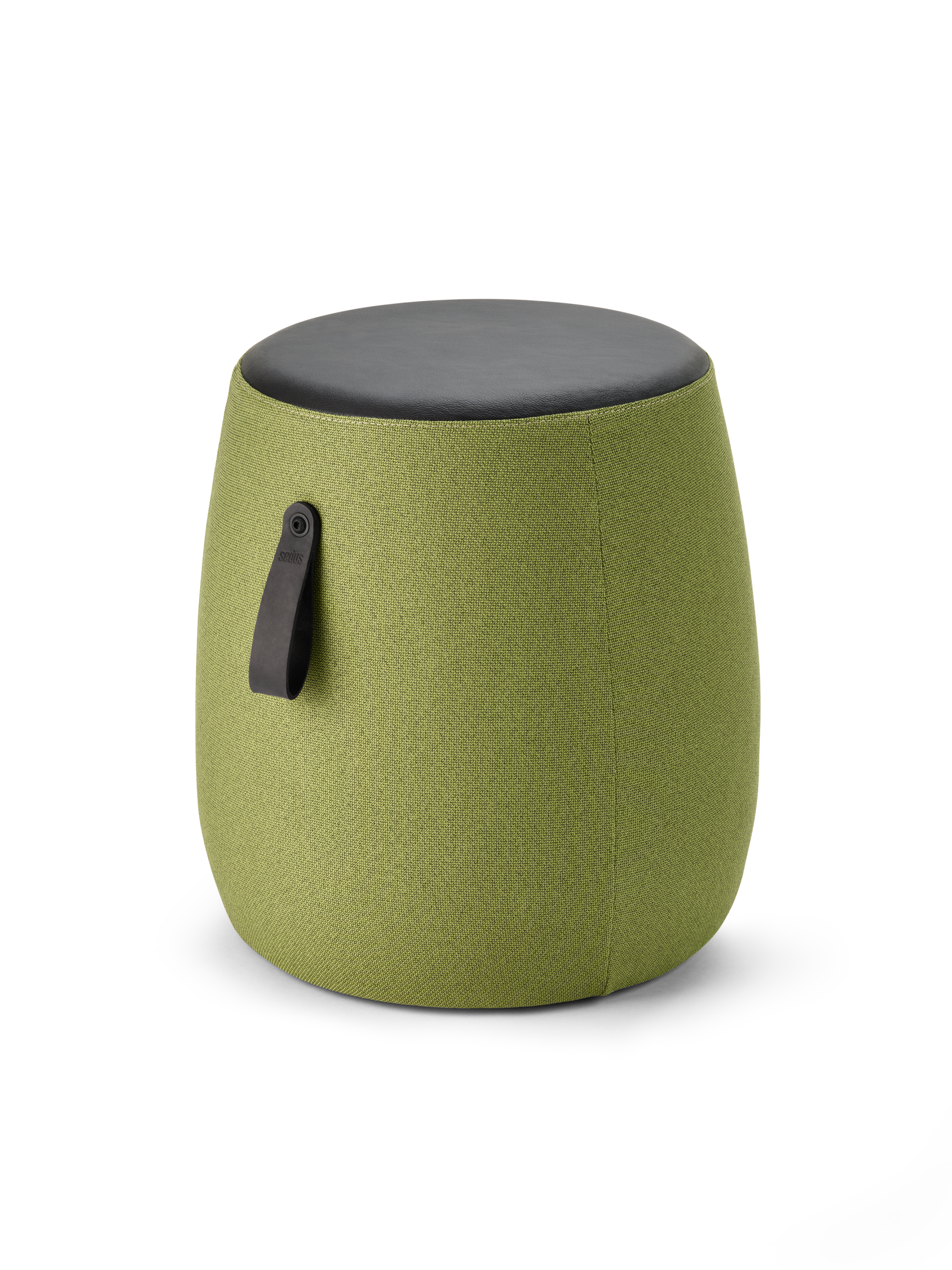 se:dot – Pouf – Runder Hocker mit grünem Stoffbezug und schwarzer Sitzfläche aus Kunstleder. Mit Tragegriff an der Seite.