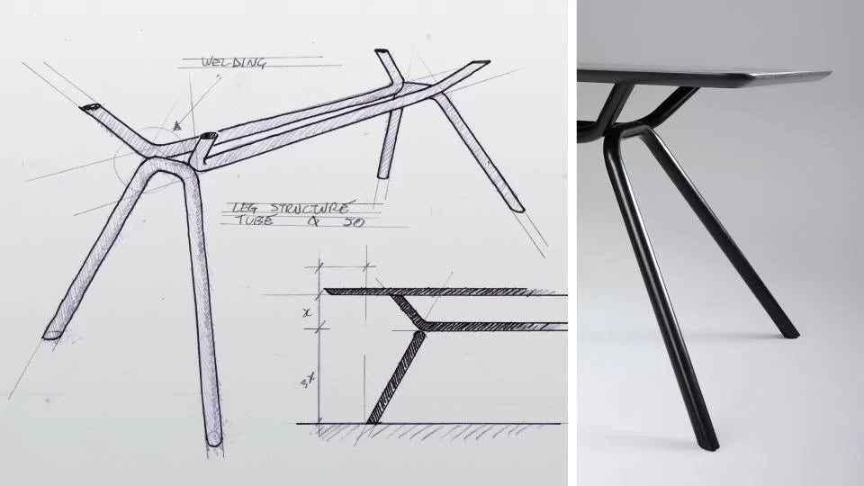 Konferenztisch | Arqus – Konferenztisch – Zeichnung und Detailaufnahme eines Tischgestells mit schwarz lackierten Beinen in modernem Design.