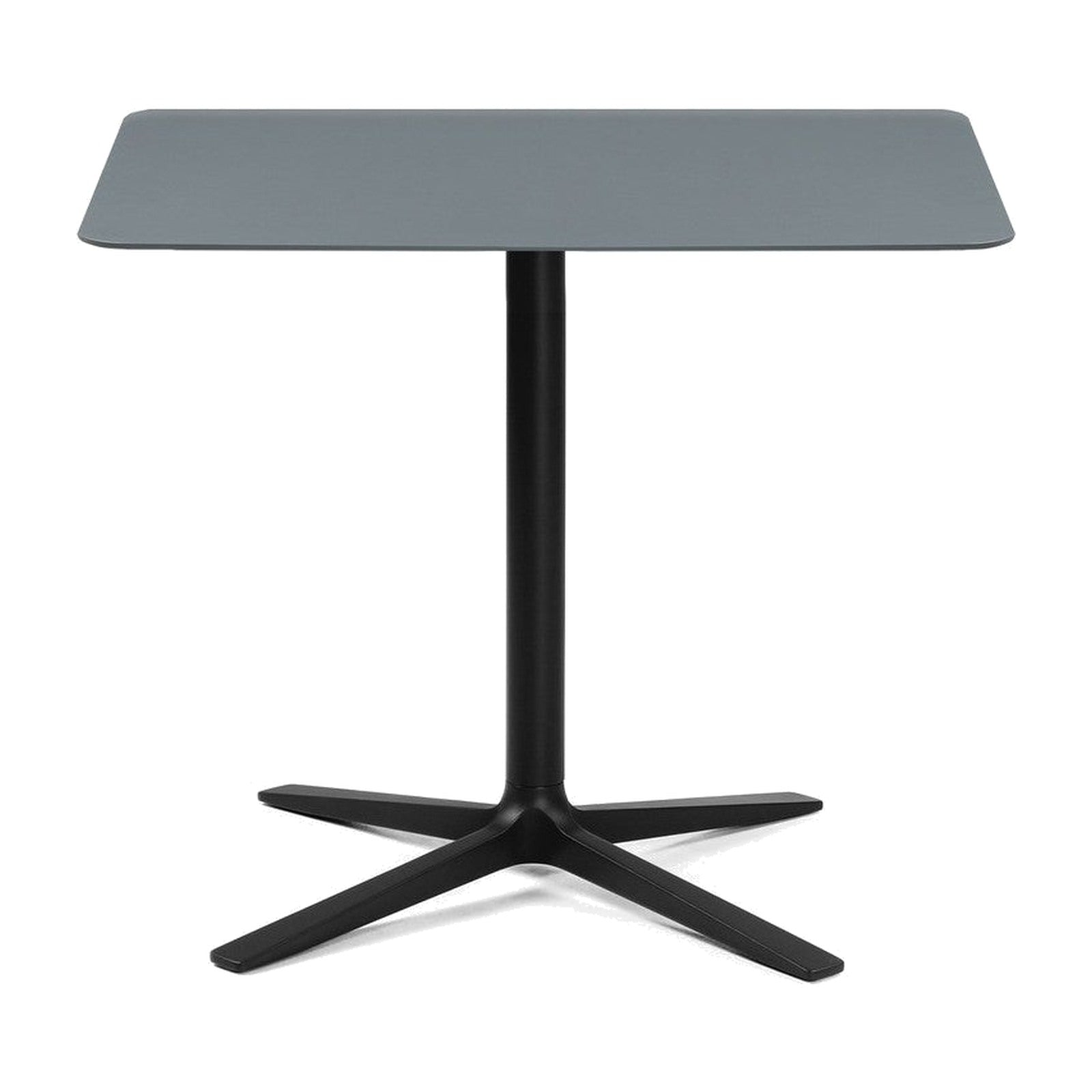 Trifidae Outdoor-Tisch mit quadratischer graublauer Tischplatte auf schwarzem Vierstern-Fuss, Frontansicht