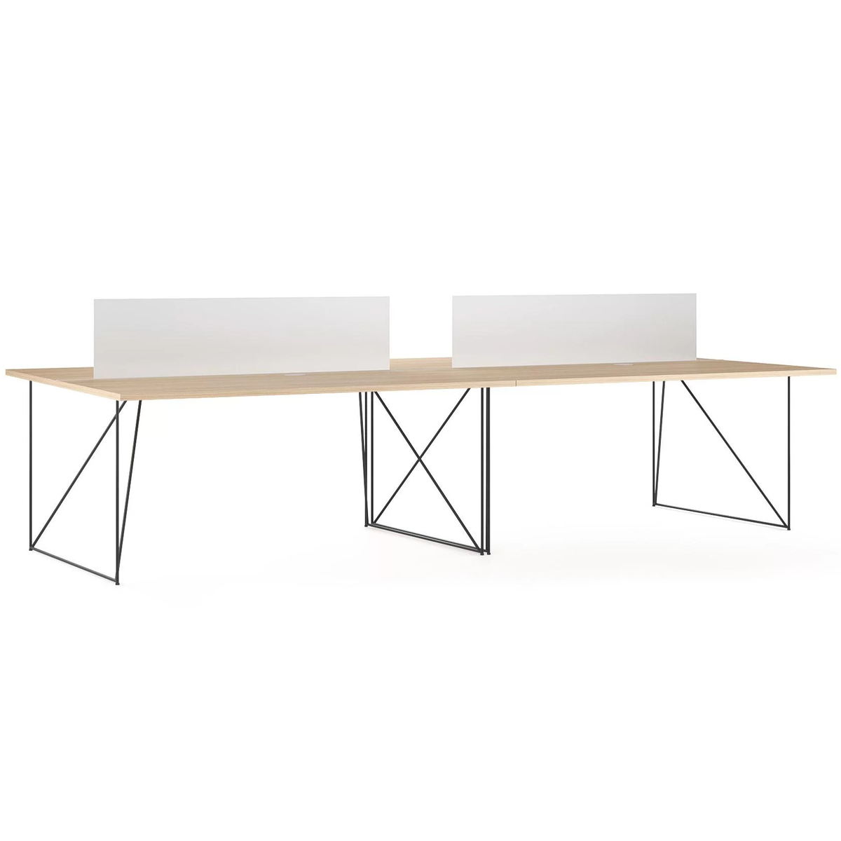 Air | Bench – Bench-Arbeitsplatzsystem – Zweierteiliger Schreibtisch aus Holz mit schwarzem Gestell und weissen Trennwänden, modern und funktional.