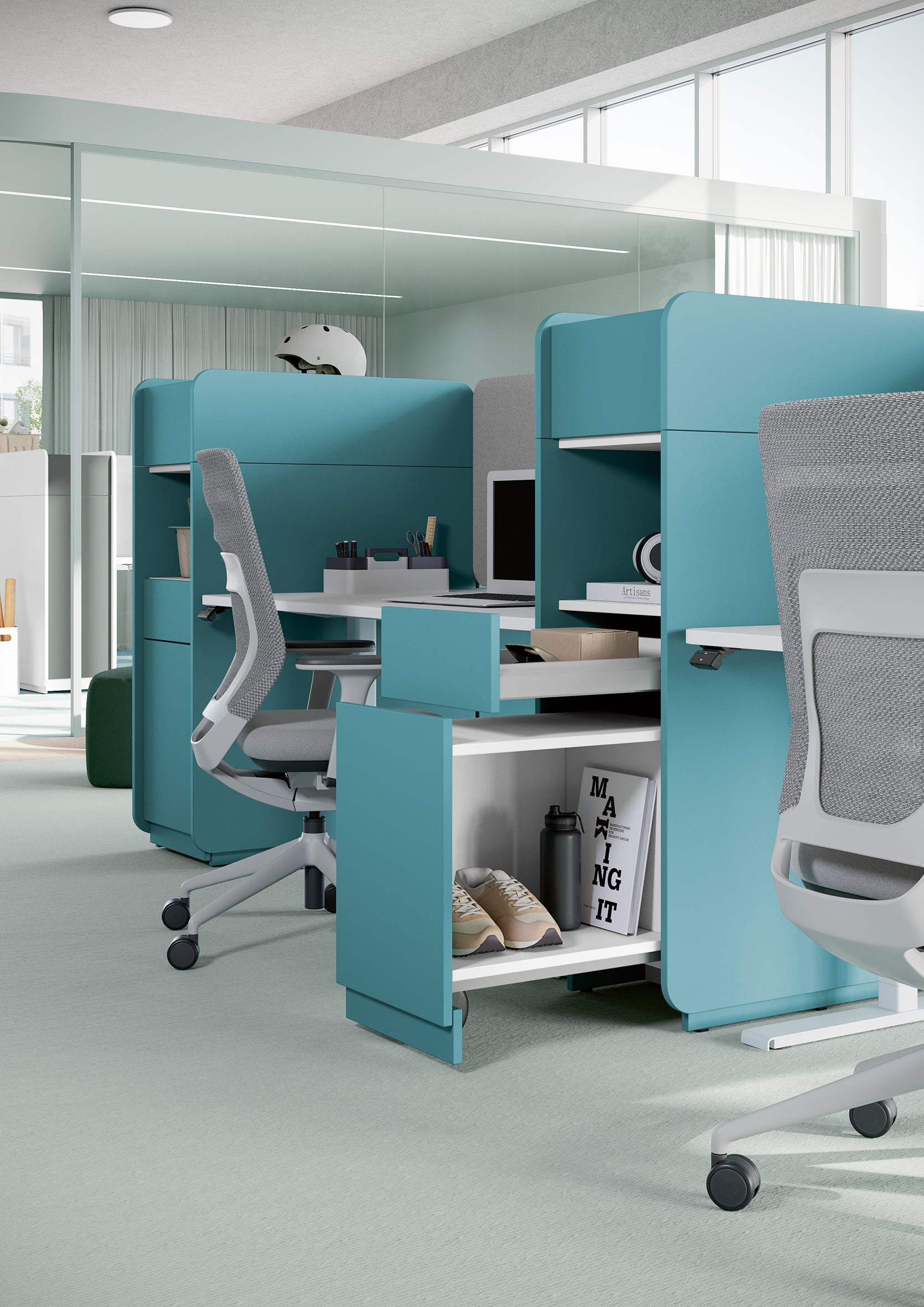 Detail eines Concept Q Arbeitsplatzes mit Akustikaufsatz