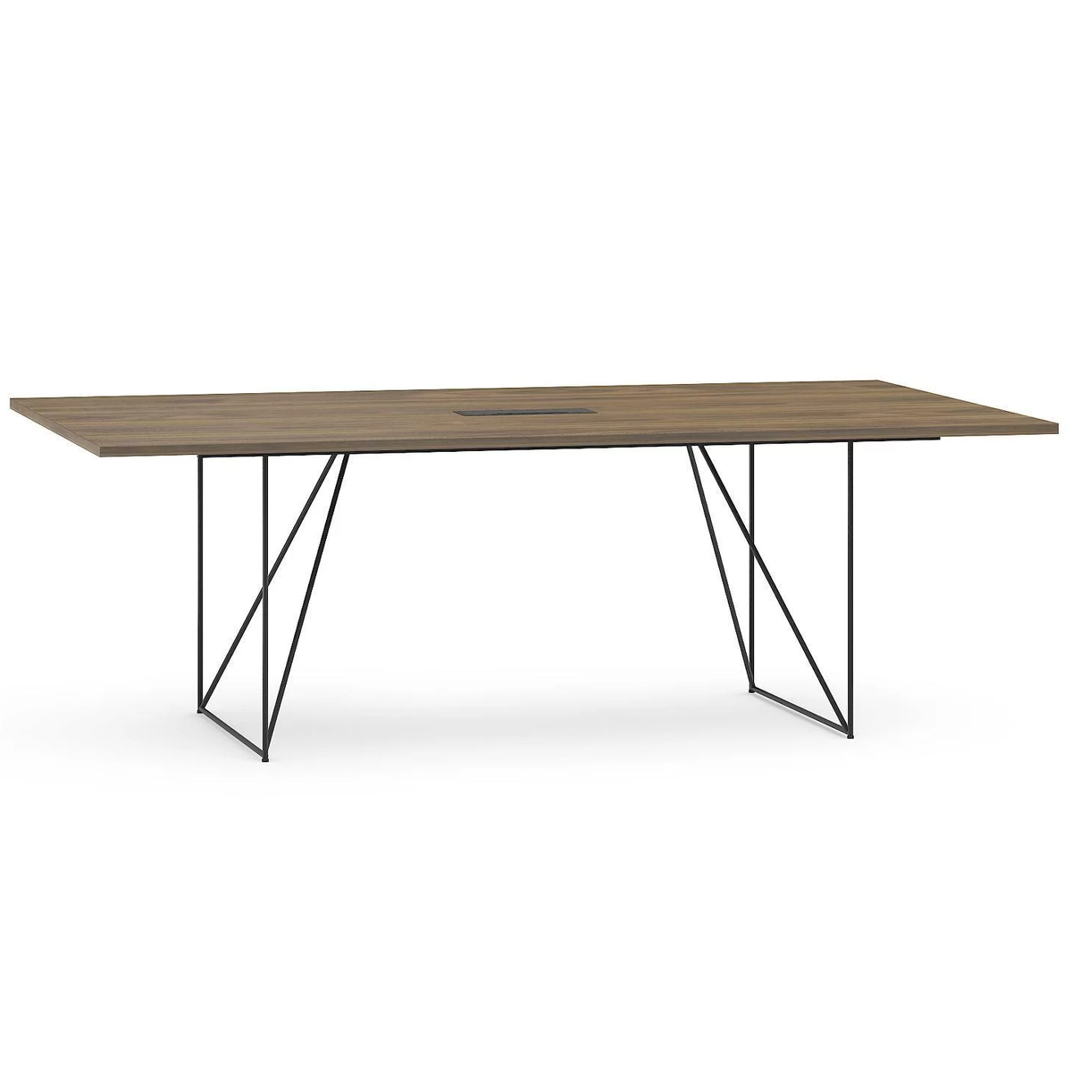 Konferenztisch | Air – Konferenztisch – Rechteckiger Schreibtisch mit Holzplatte in Braun und schwarzem Metallgestell. Integrierte Kabeldurchführung sichtbar.