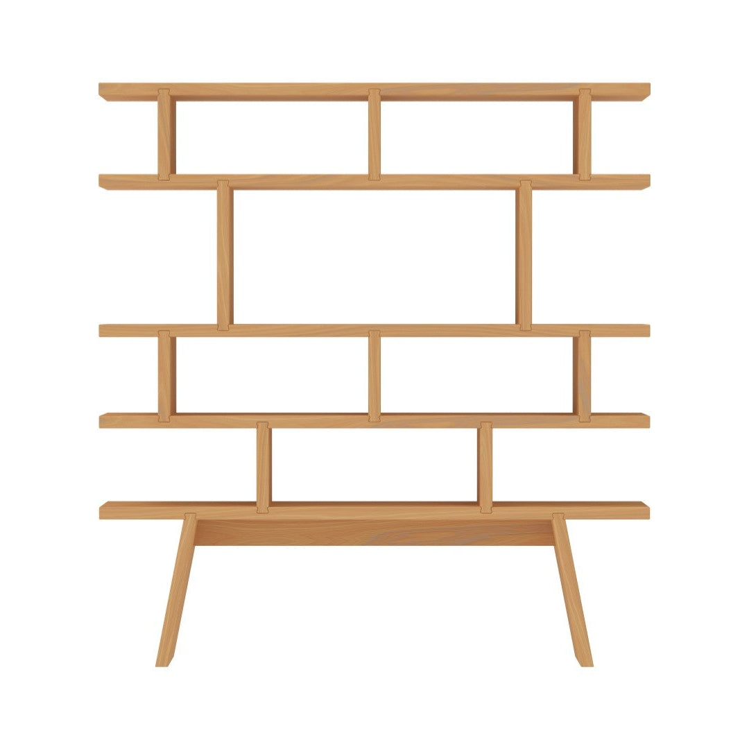 Dovetail Cabinet – Regalsysteme – Regal aus hellen Holzlatten mit asymmetrischer Anordnung, auf einem stabilen Untergestell. Ideal für Büros.