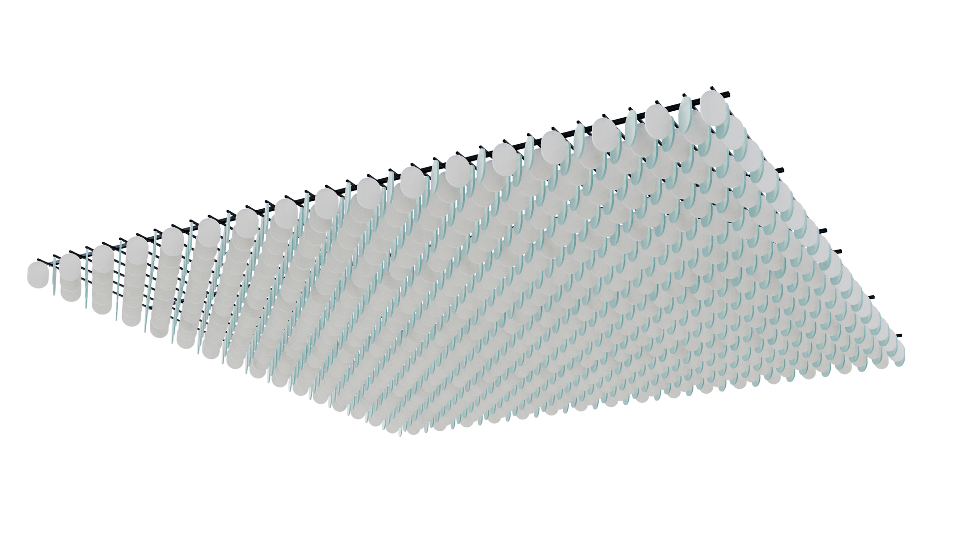 Massgeschneidertes Deckensystem Flock – Deckenbaffel – Hängende Deckenleuchte mit runden, weißen Lampenschirmen zur gleichmäßigen Beleuchtung. Modernes, minimalistisches Design.