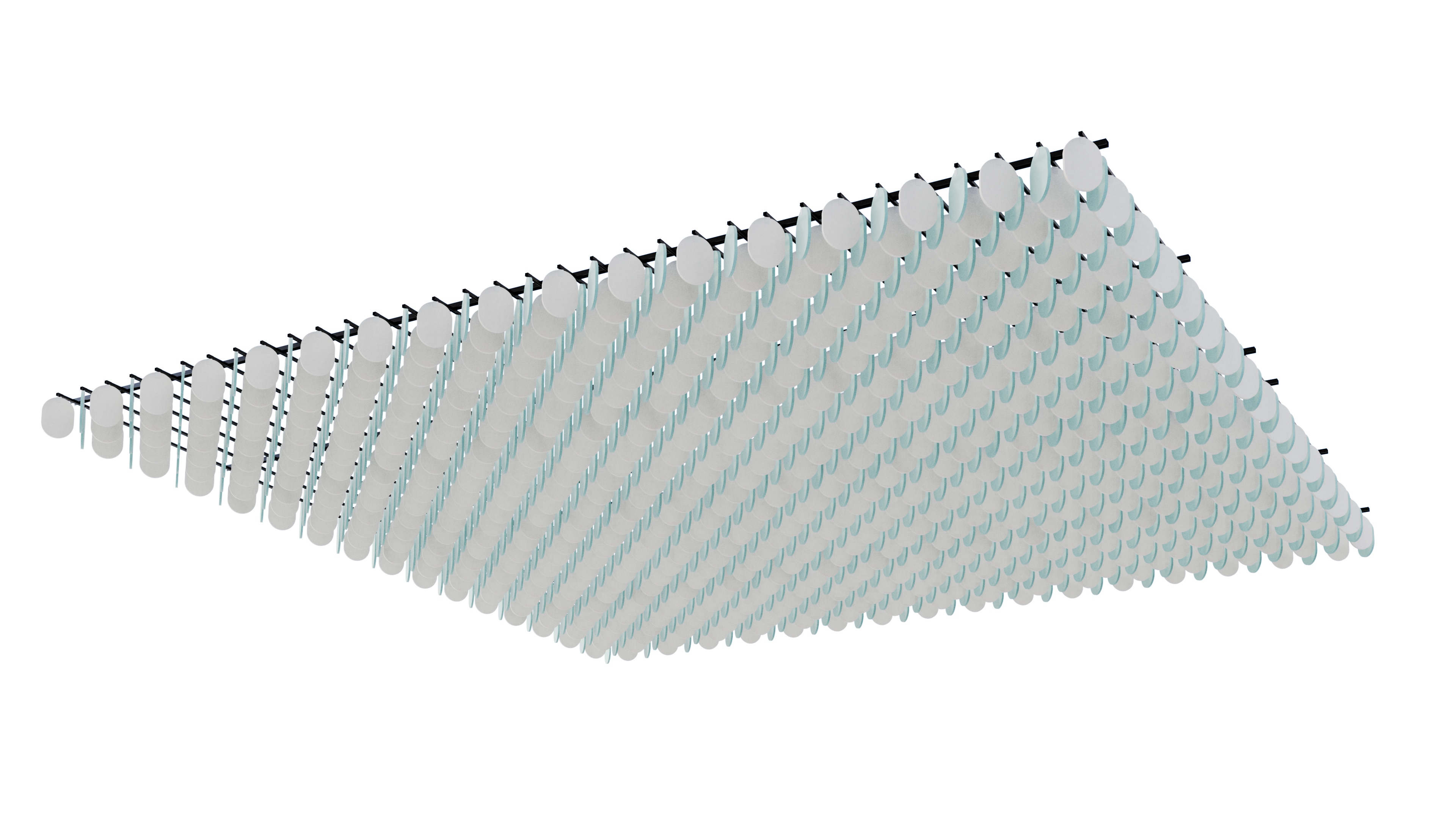 Massgeschneidertes Deckensystem Flock – Deckenbaffel – Hängende Deckenleuchte mit runden, weißen Lampenschirmen zur gleichmäßigen Beleuchtung. Modernes, minimalistisches Design.