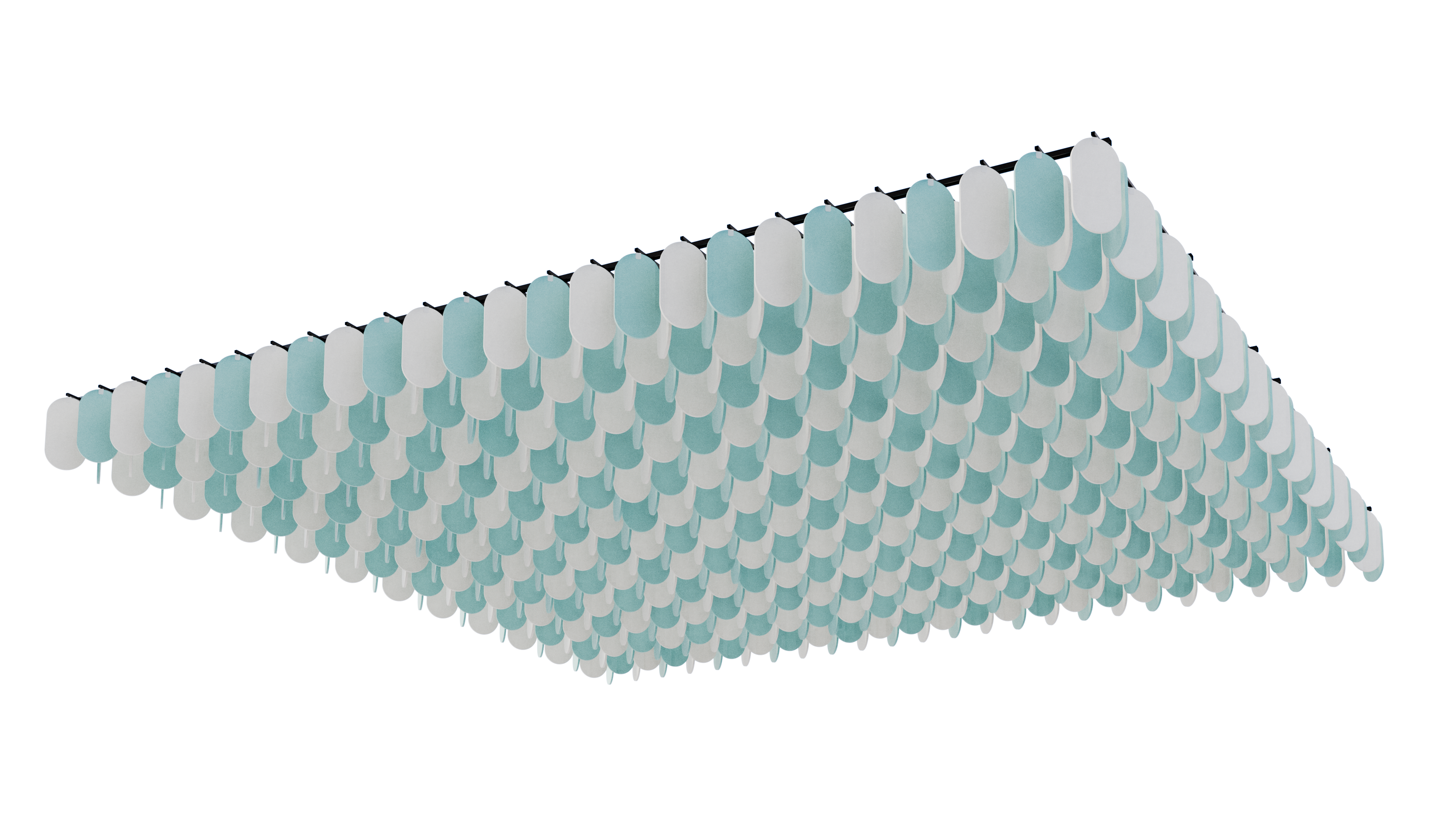 Massgeschneidertes Deckensystem Flock – Deckenbaffel – Hängende Akustikpaneele in Mintgrün und Weiß, in versetzten Reihen angeordnet, für Büroumgebungen.