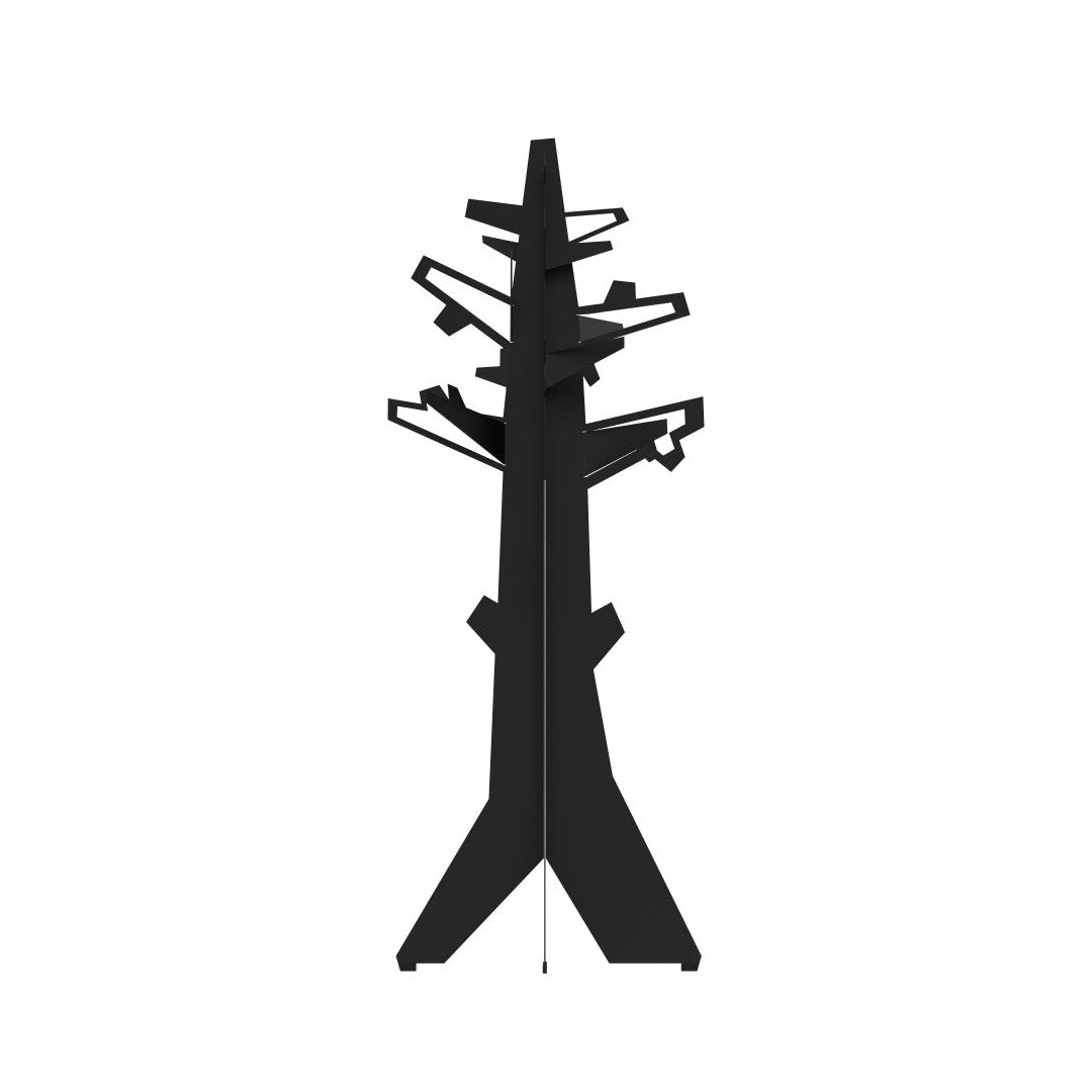 Forest for the Trees | Kleiderständer – Kleiderständer – Schwarzer Kleiderständer mit mehreren horizontalen Ablagen, moderne geometrische Form, auf weißem Hintergrund.
