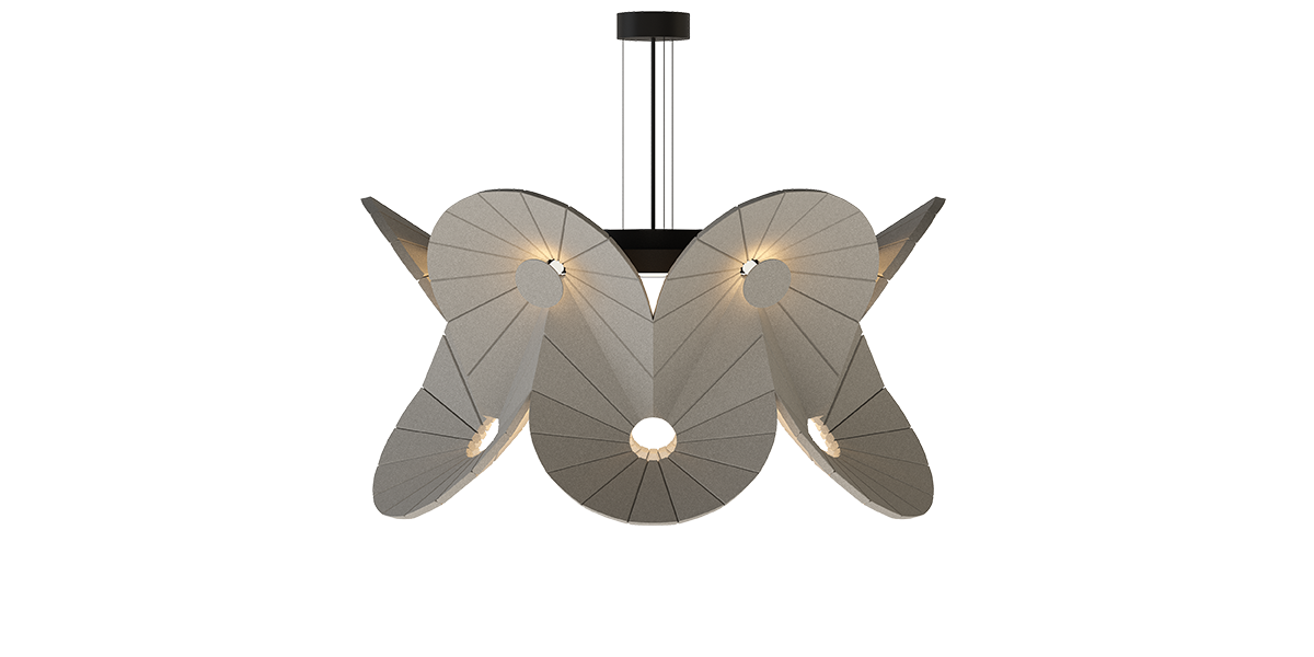 Dekorative Beleuchtung Oloid – Akustische Beleuchtung – Moderne Deckenlampe mit grafischem Design in Grau und Schwarz, mit mehreren Lichtquellen.