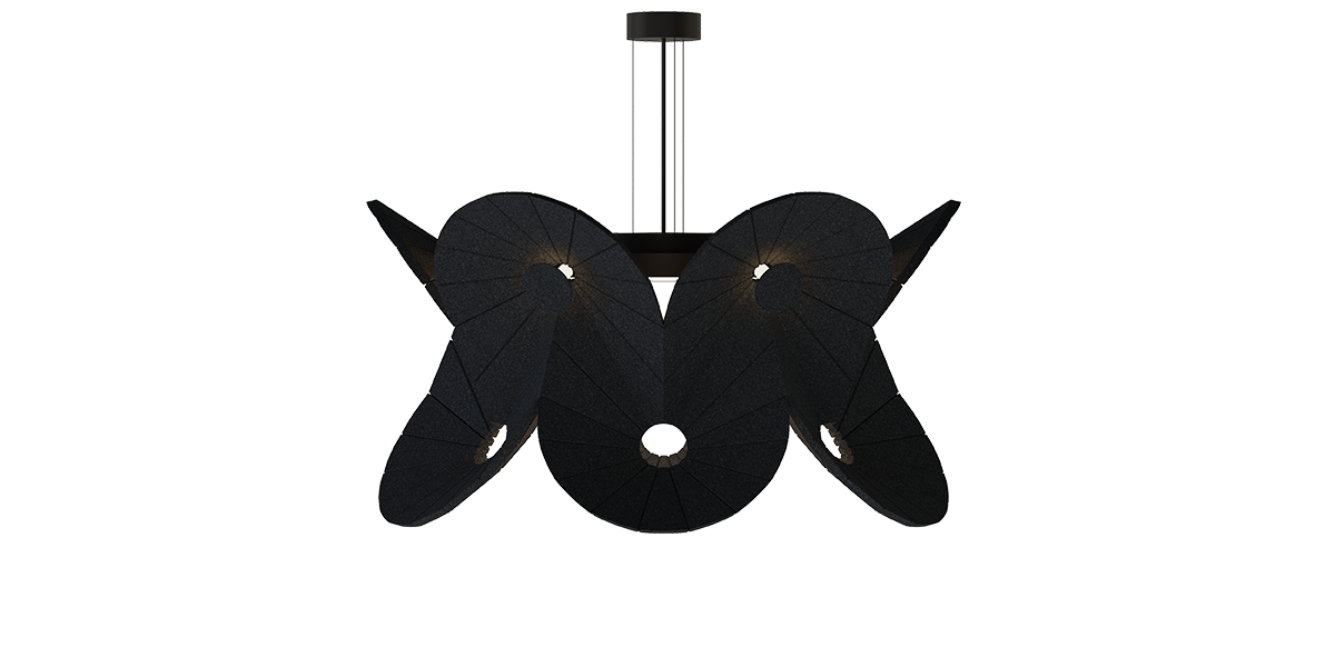Dekorative Beleuchtung Oloid – Akustische Beleuchtung – Deckenlampe mit schwarzem, geometrischem Design und drei Lichtöffnungen.
