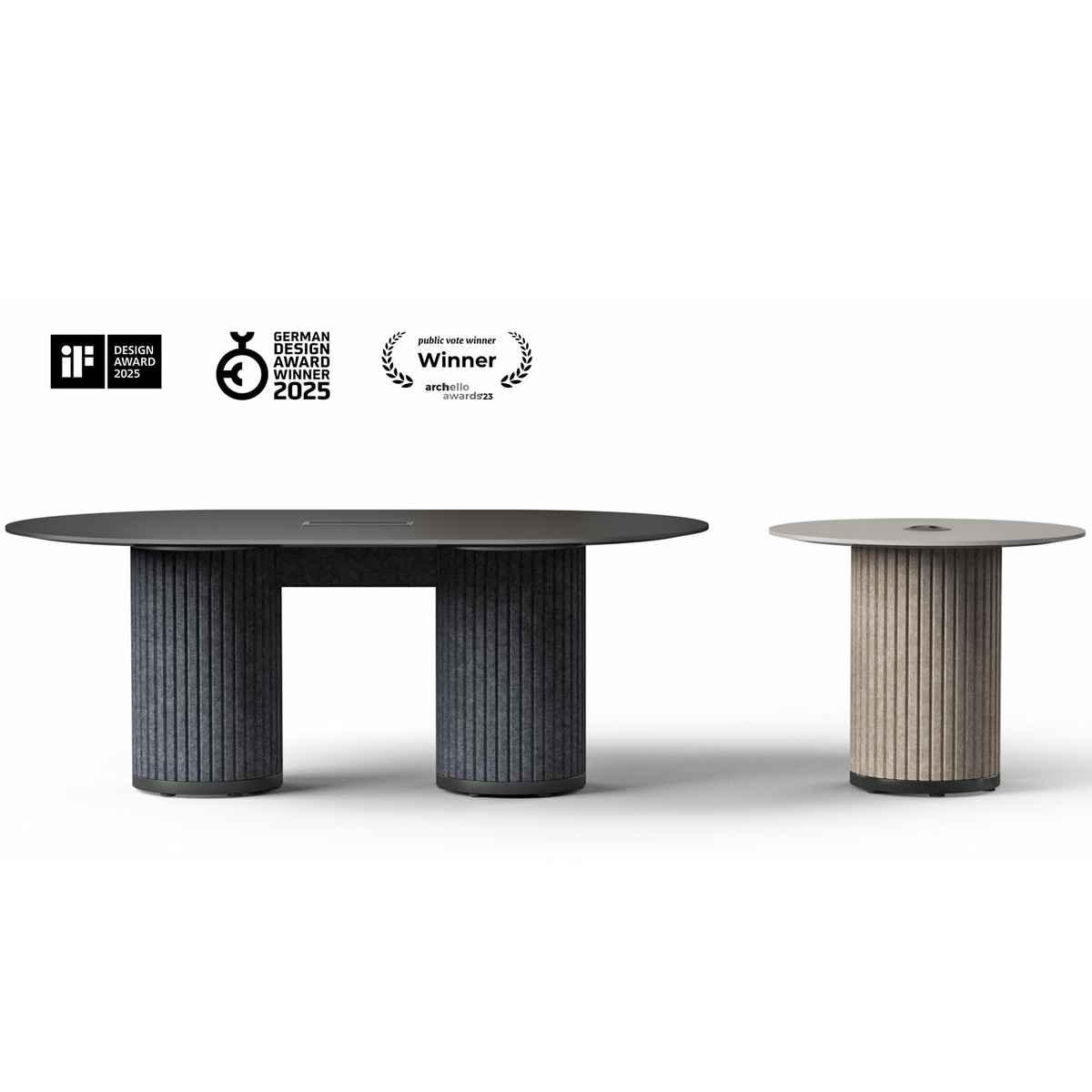 Konferenztisch | Parthos – Konferenztisch – Ovaler Besprechungstisch in Schwarz mit zwei gestreiften Säulen und rechteckigem Tisch neben einem runden, hellbeigen Tisch.