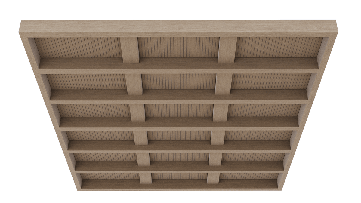 Modulare Decken Grid Mero – Deckenbaffel – Holzregal mit offenen Fächern in heller Eiche, von oben betrachtet, mit strukturierten Rückwänden.
