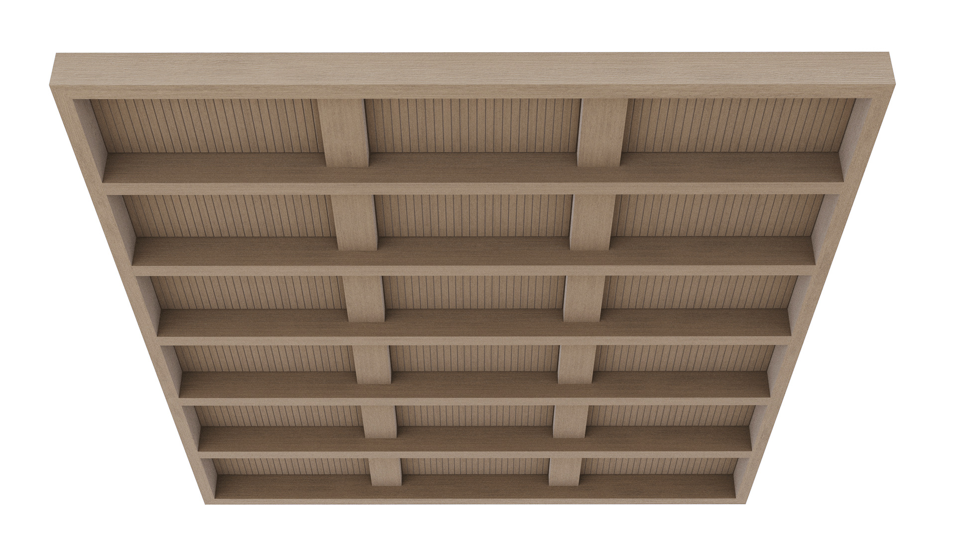 Modulare Decken Grid Mero – Deckenbaffel – Holzregal mit offenen Fächern in heller Eiche, von oben betrachtet, mit strukturierten Rückwänden.