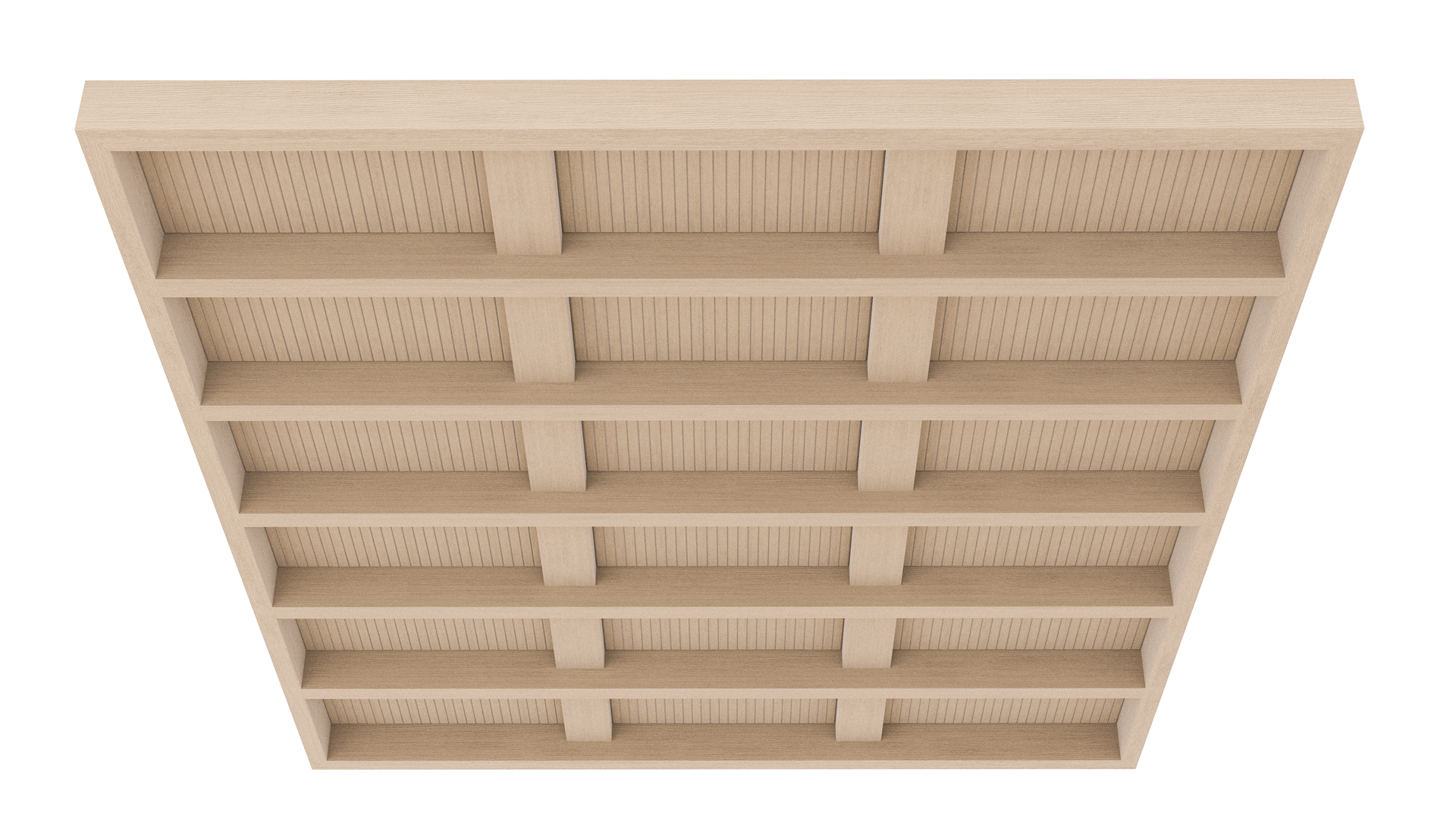 Modulare Decken Grid Mero – Deckenbaffel – Decke eines Regals aus hellem Holz mit mehreren Querstreben und offenen Fächern.
