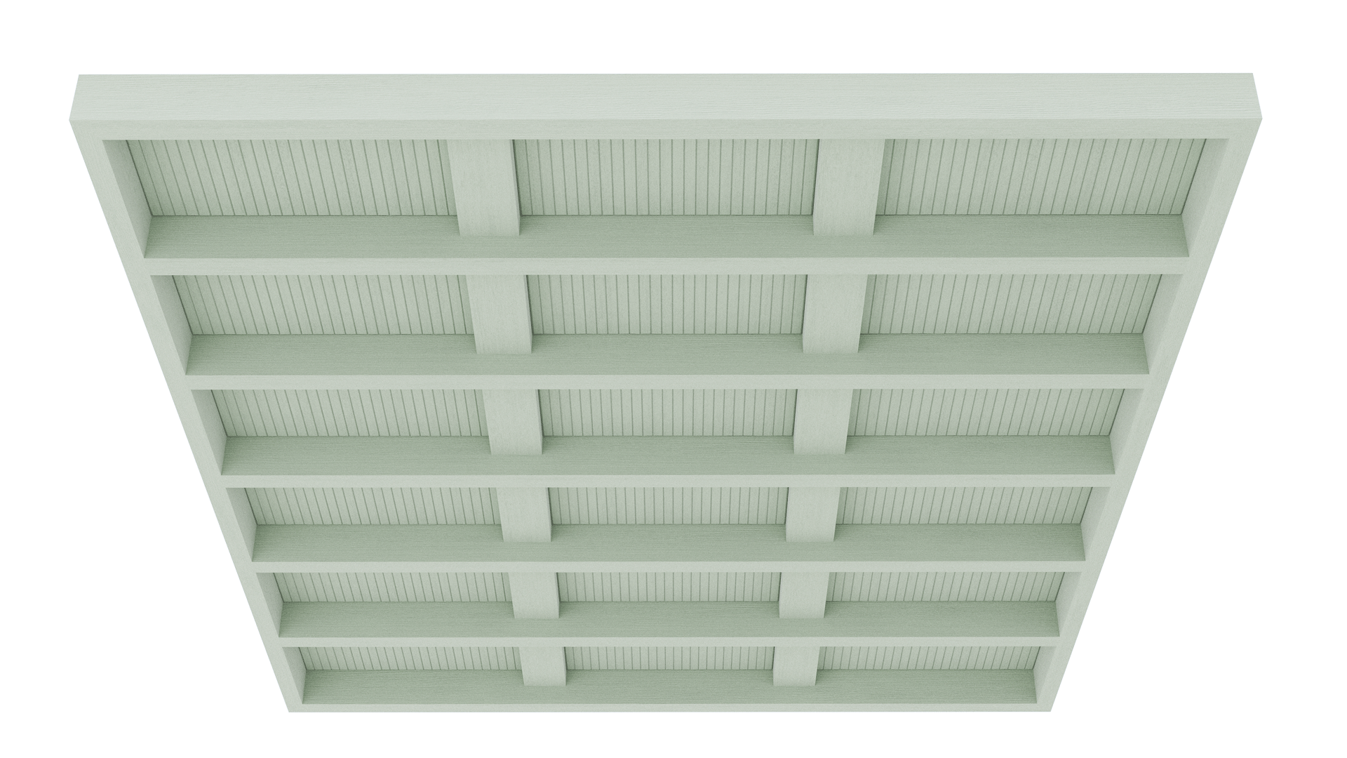 Modulare Decken Grid Mero – Deckenbaffel – Decke eines Regals mit horizontalen und vertikalen Trennwänden in hellgrüner Farbe.