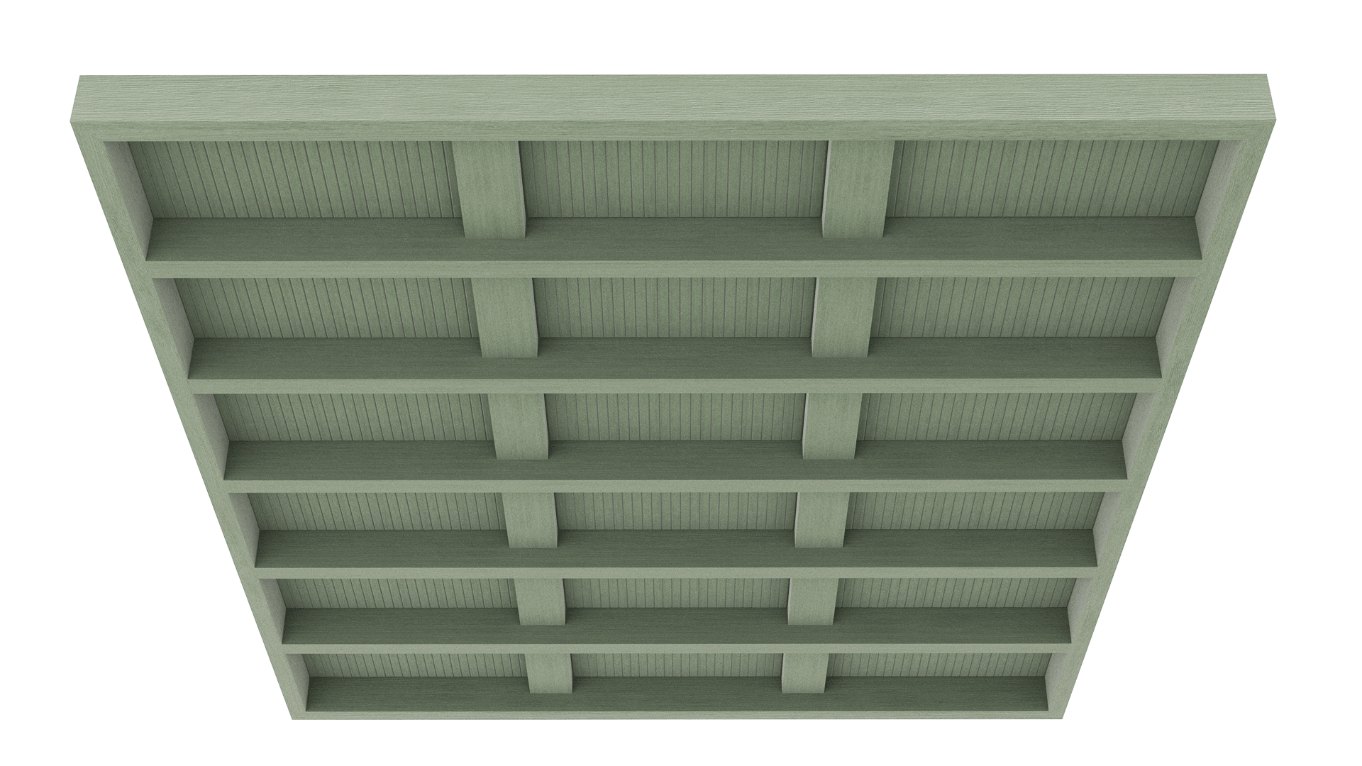 Modulare Decken Grid Mero – Deckenbaffel – Regal mit acht Fächern in sanftem Grün, Holzoptik, obere Sicht von der Decke aus.