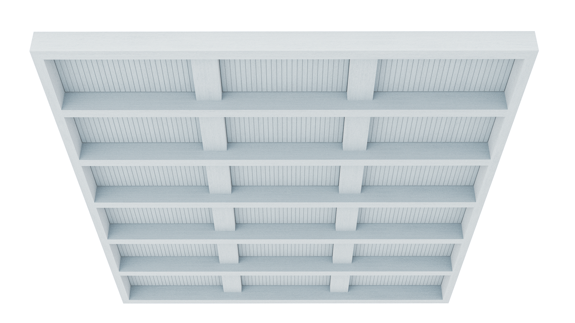 Modulare Decken Grid Mero – Deckenbaffel – Weißer Regalboden mit strukturierten Verstrebungen und gleichmäßigen Fächern, ideal für Bücher oder Dekoration.