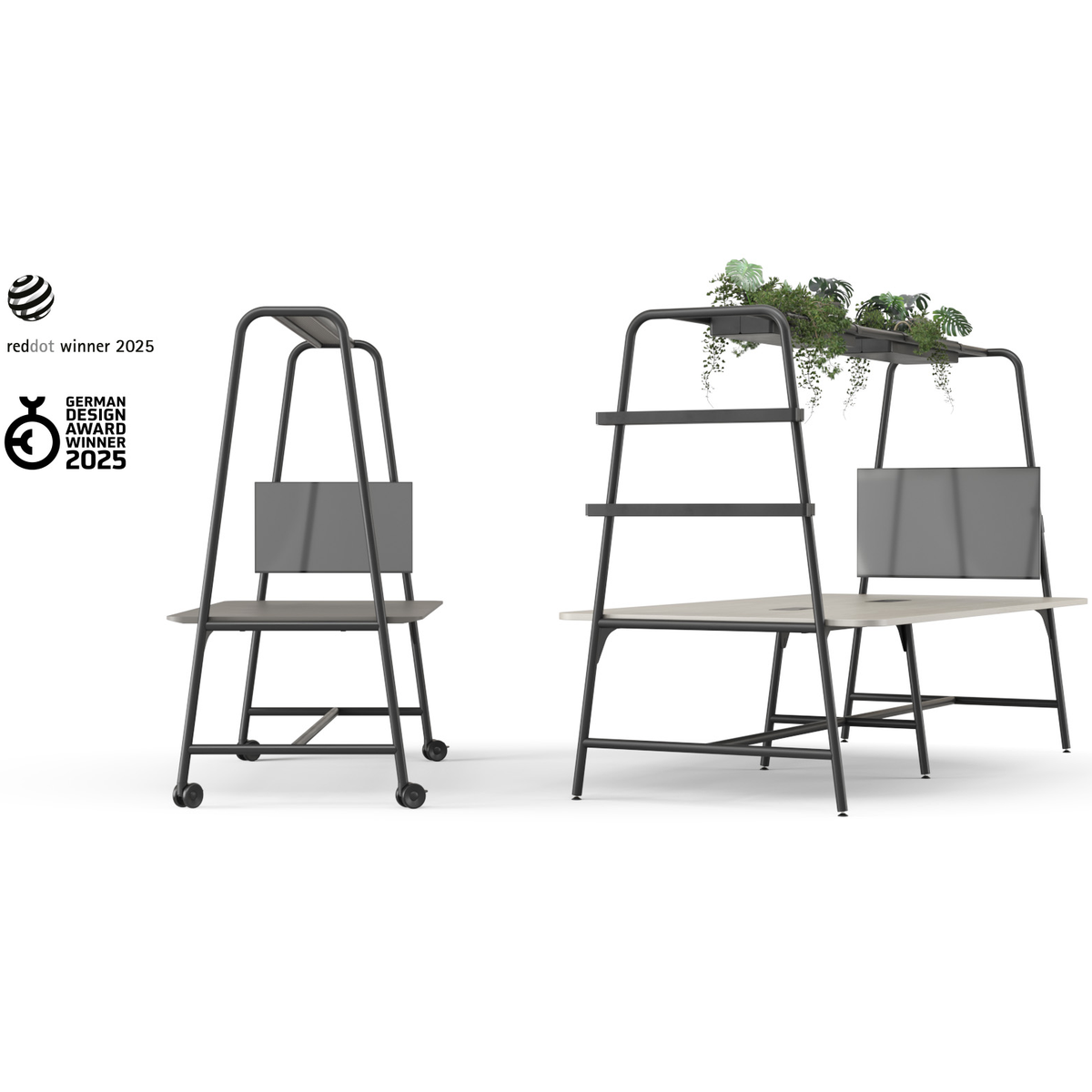 Round Multipurpose – Hochtisch – Modular Büromöbel mit Rollen, Holzoberfläche und grünen Pflanzen auf der oberen Ablage. Stabiler Metallrahmen.