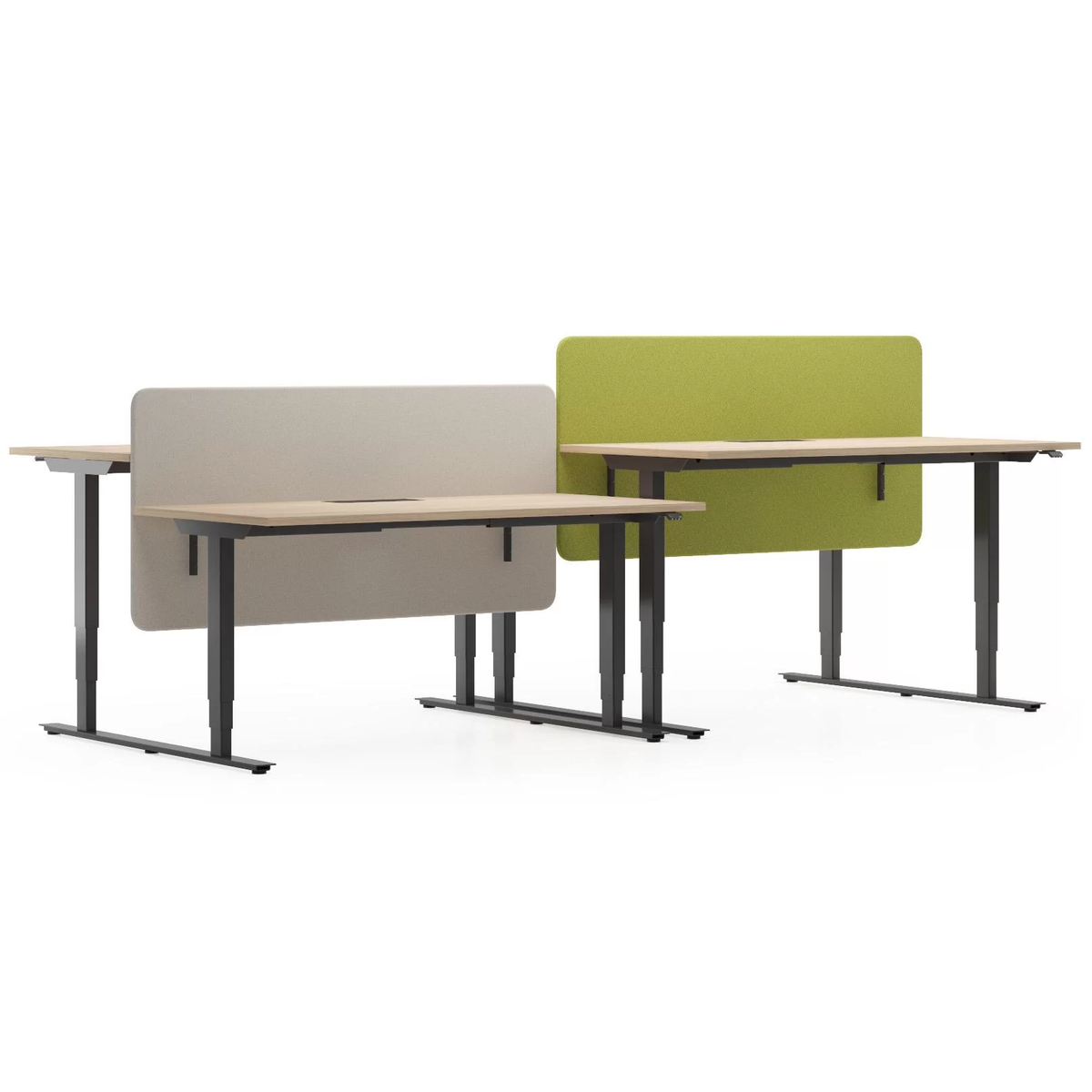 Easy | Bench – Bench-Arbeitsplatzsystem – Zwei höhenverstellbare Schreibtische mit Trennwand in Beige und Grün, Stahlgestell in Schwarz.
