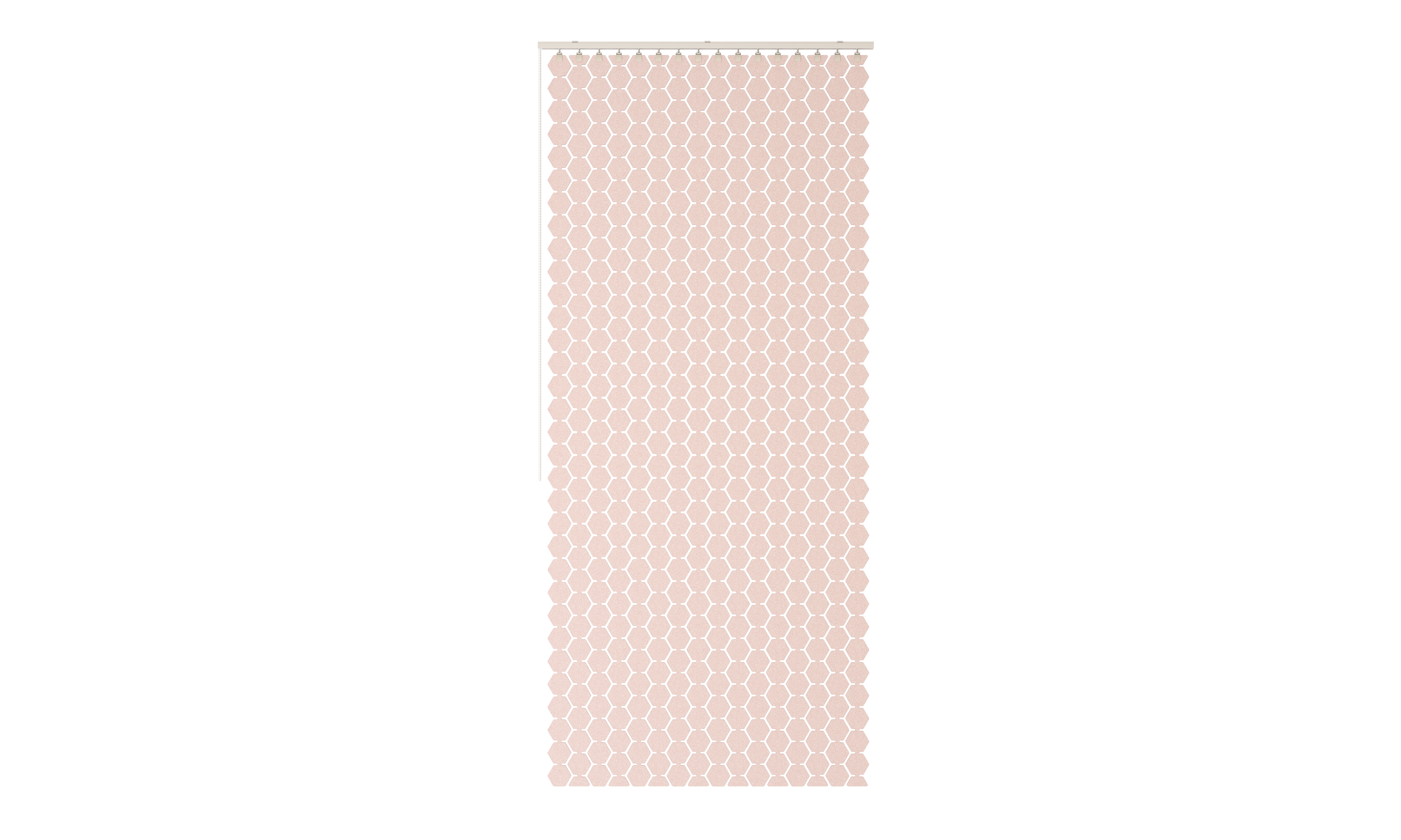 Pixels – Akustische Beschattung – Büropaneel in Rosa mit sechseckigem Muster, vertikal aufgehängt, in einem neutralen Hintergrund.