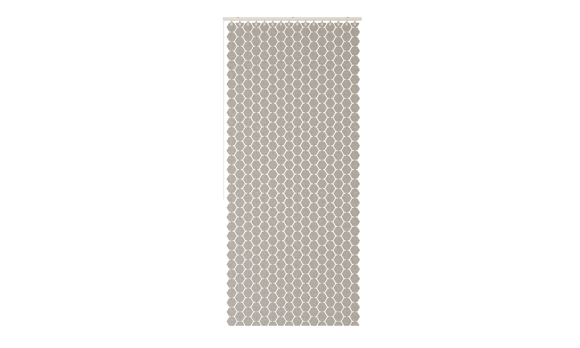 Pixels – Akustische Beschattung – Beige Raumtrennwand aus hexagonalem Material mit Aufhängung, strukturierte Oberfläche, schmaler Rahmen oben.