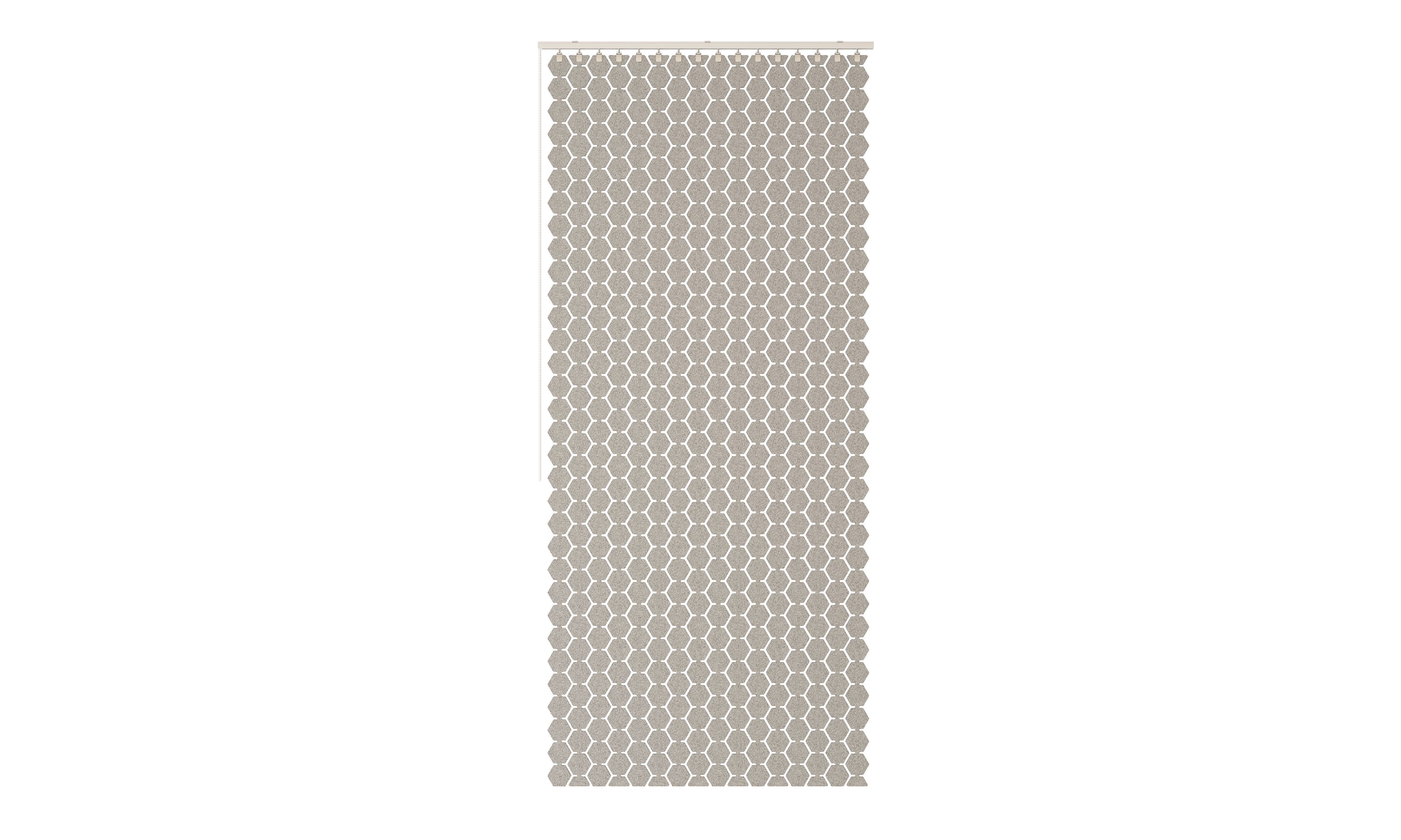 Pixels – Akustische Beschattung – Beige Raumtrennwand aus hexagonalem Material mit Aufhängung, strukturierte Oberfläche, schmaler Rahmen oben.