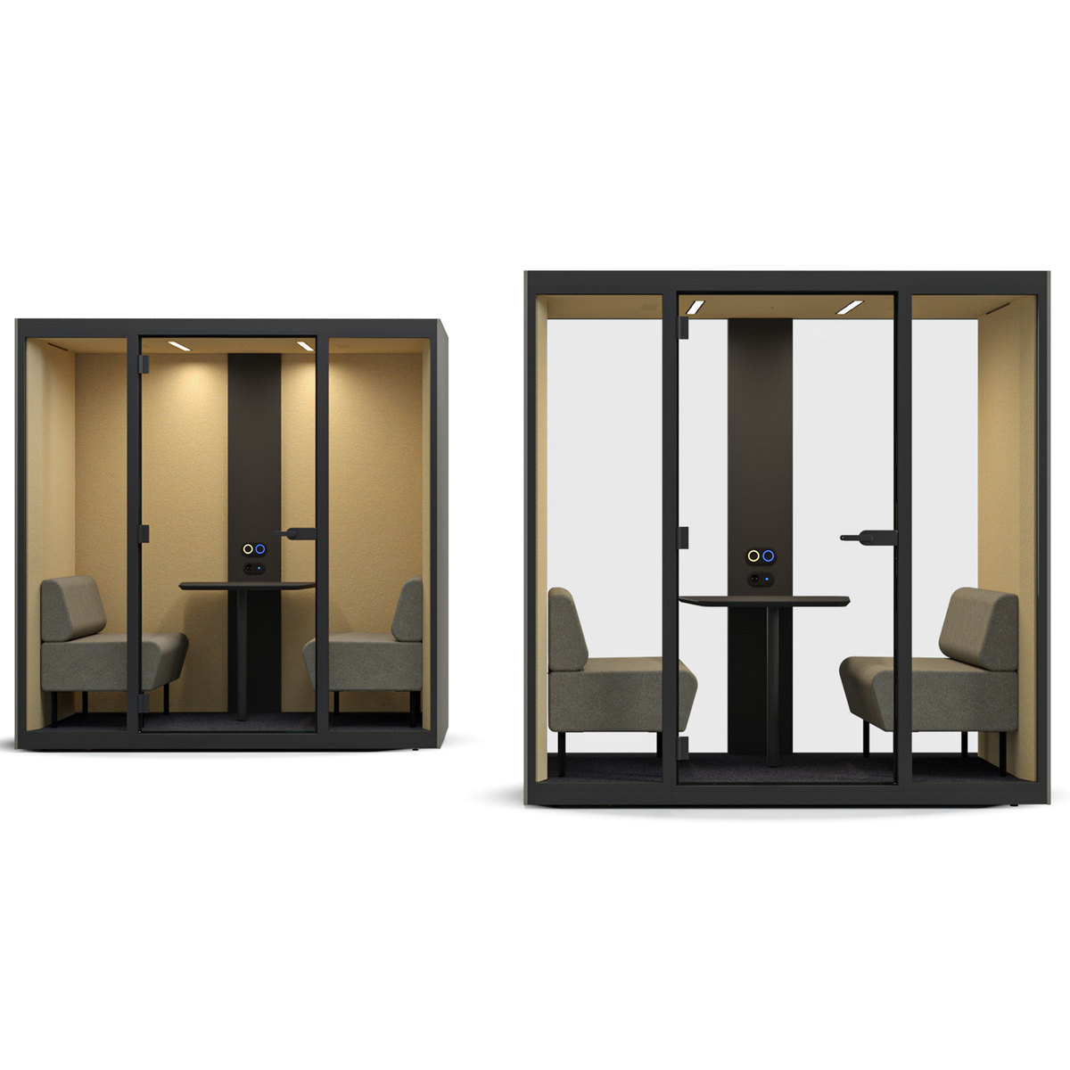 Sonus M | Meetingbox – Meetingbox – Zwei schalldichte Besprechungsräume mit grauen Sitzen und Tisch in einem modernen, schwarzen Rahmen.